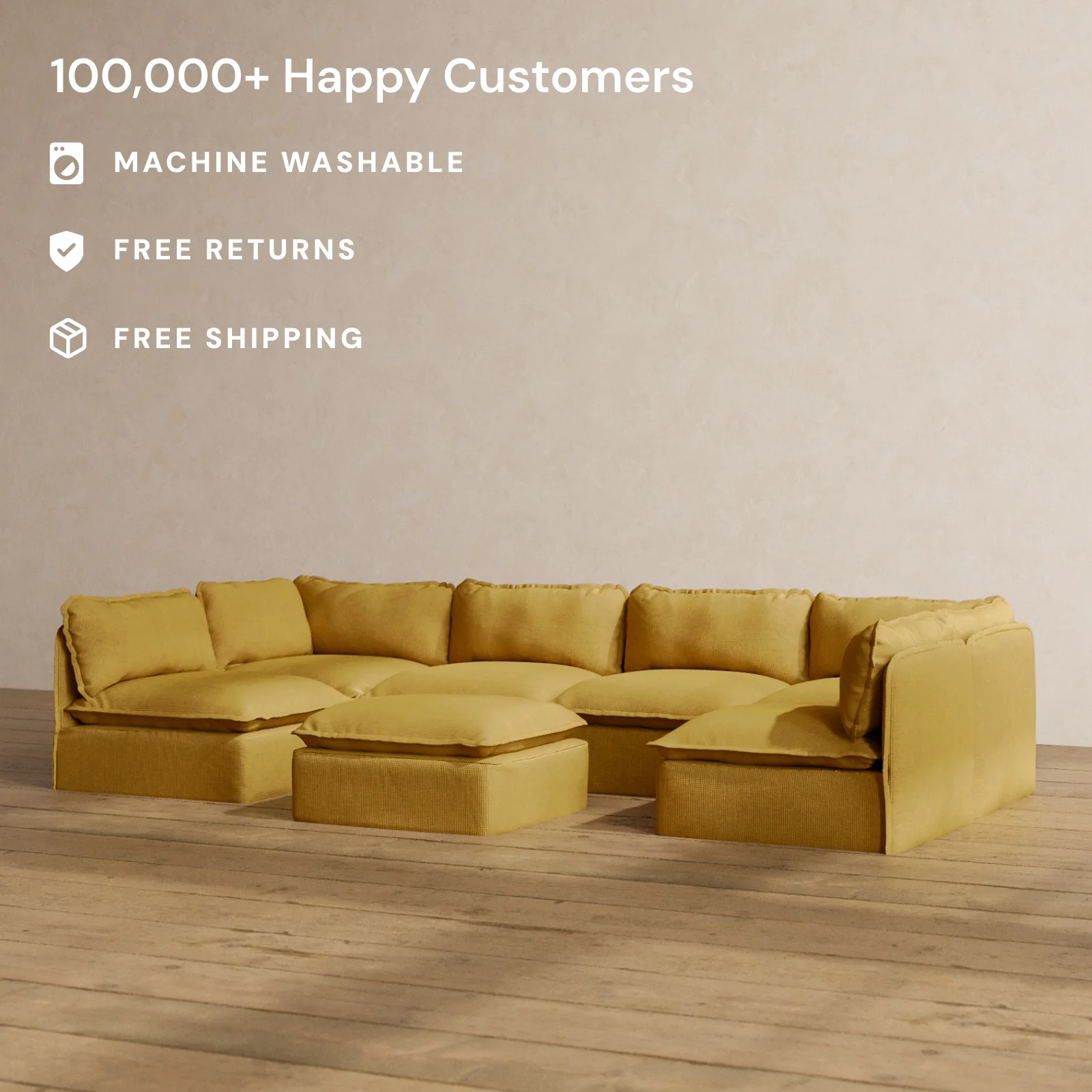 Modular Washable 6-Seater Open-Ends U-Sectional + Ottoman in Kiiro | Deluxe+ Seat | Cloud Pillow - Image 2