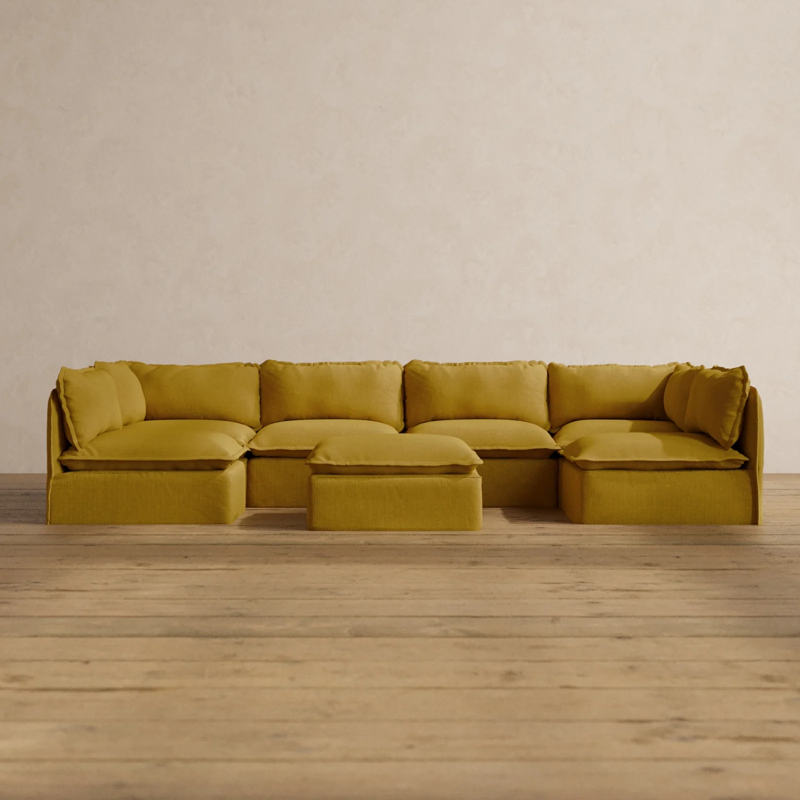 Modular Washable 6-Seater Open-Ends U-Sectional + Ottoman in Kiiro | Memorix+ Seat | Contour Pillow