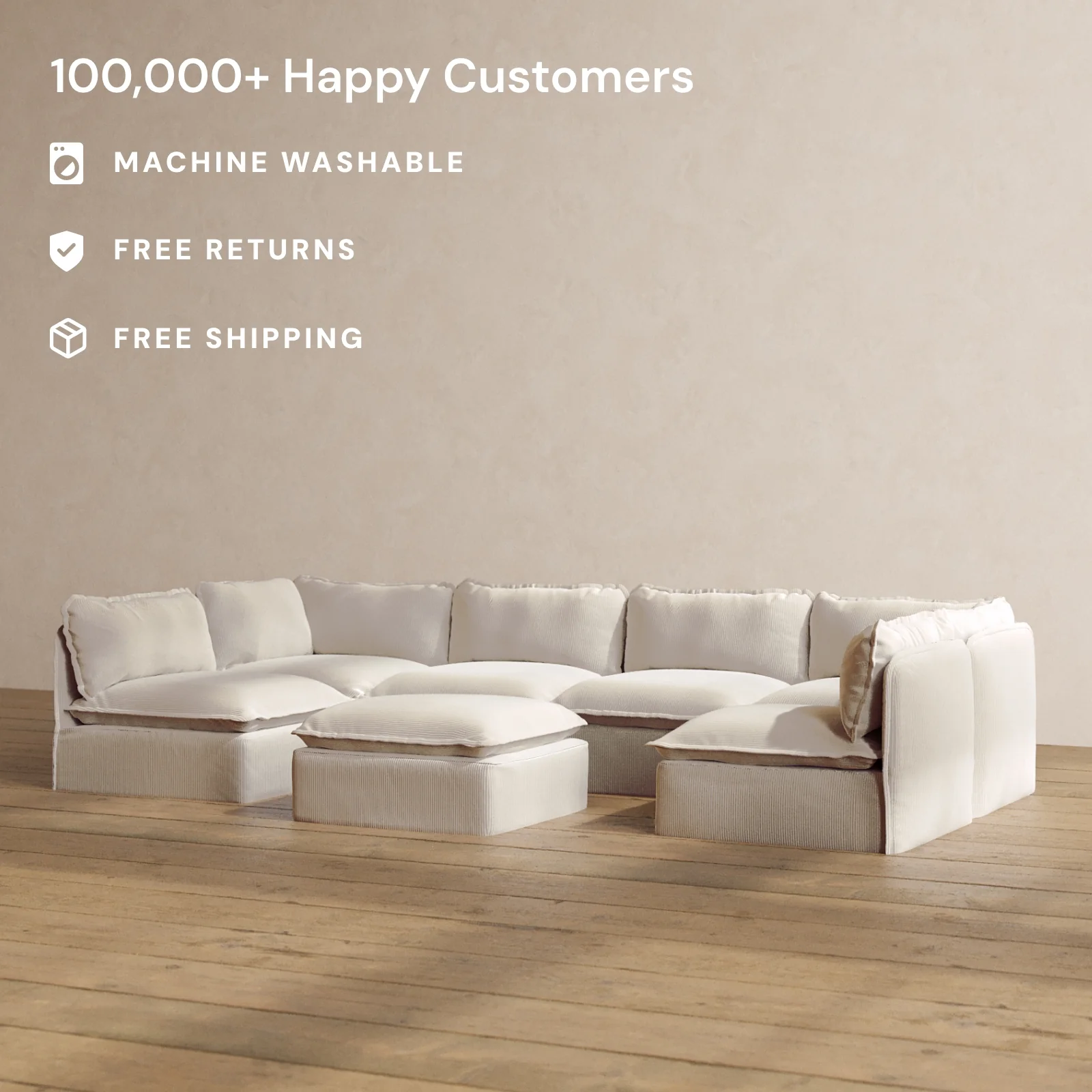 Modular Washable 6-Seater Open-Ends U-Sectional + Ottoman in Milk | Deluxe+ Seat | Cloud Pillow - Image 2