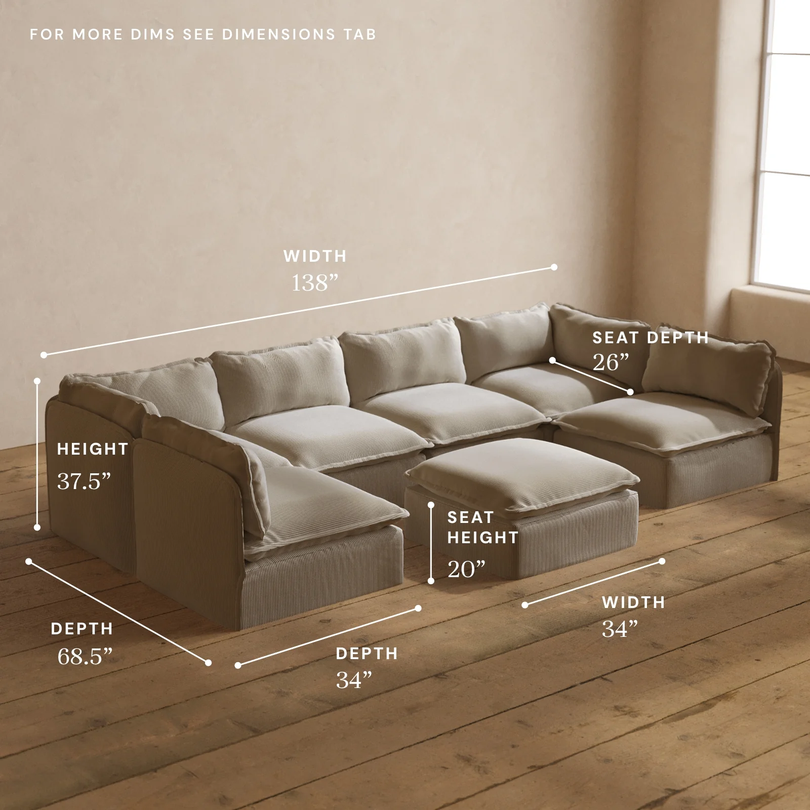 Modular Washable 6-Seater Open-Ends U-Sectional + Ottoman in Milk | Memorix+ Seat | Contour Pillow - Image 5