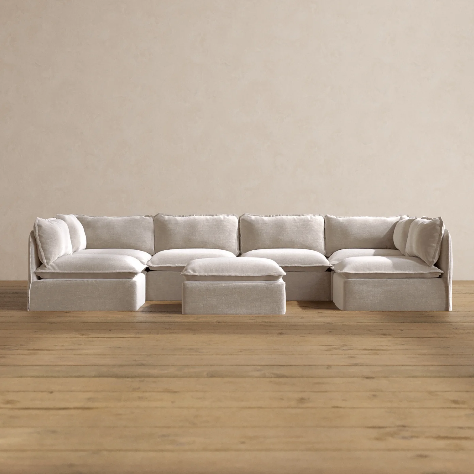 Modular Washable 6-Seater Open-Ends U-Sectional + Ottoman in Mist | Memorix+ Seat | Contour Pillow