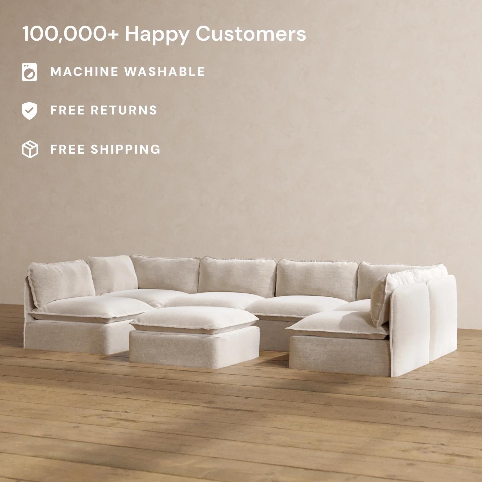 Modular Washable 6-Seater Open-Ends U-Sectional + Ottoman in Mist | Memorix+ Seat | Contour Pillow - Image 2