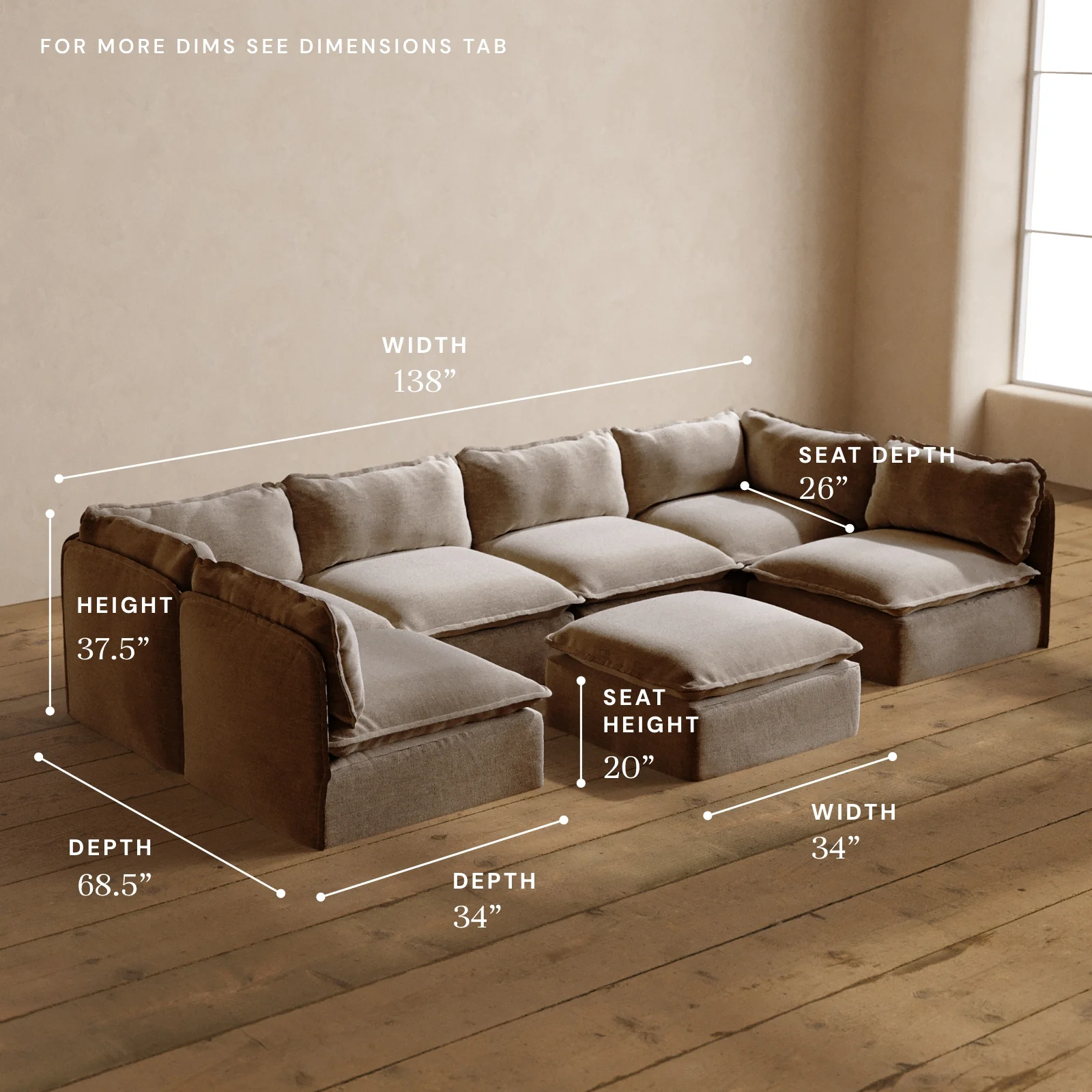Modular Washable 6-Seater Open-Ends U-Sectional + Ottoman in Mist | Memorix+ Seat | Contour Pillow - Image 5
