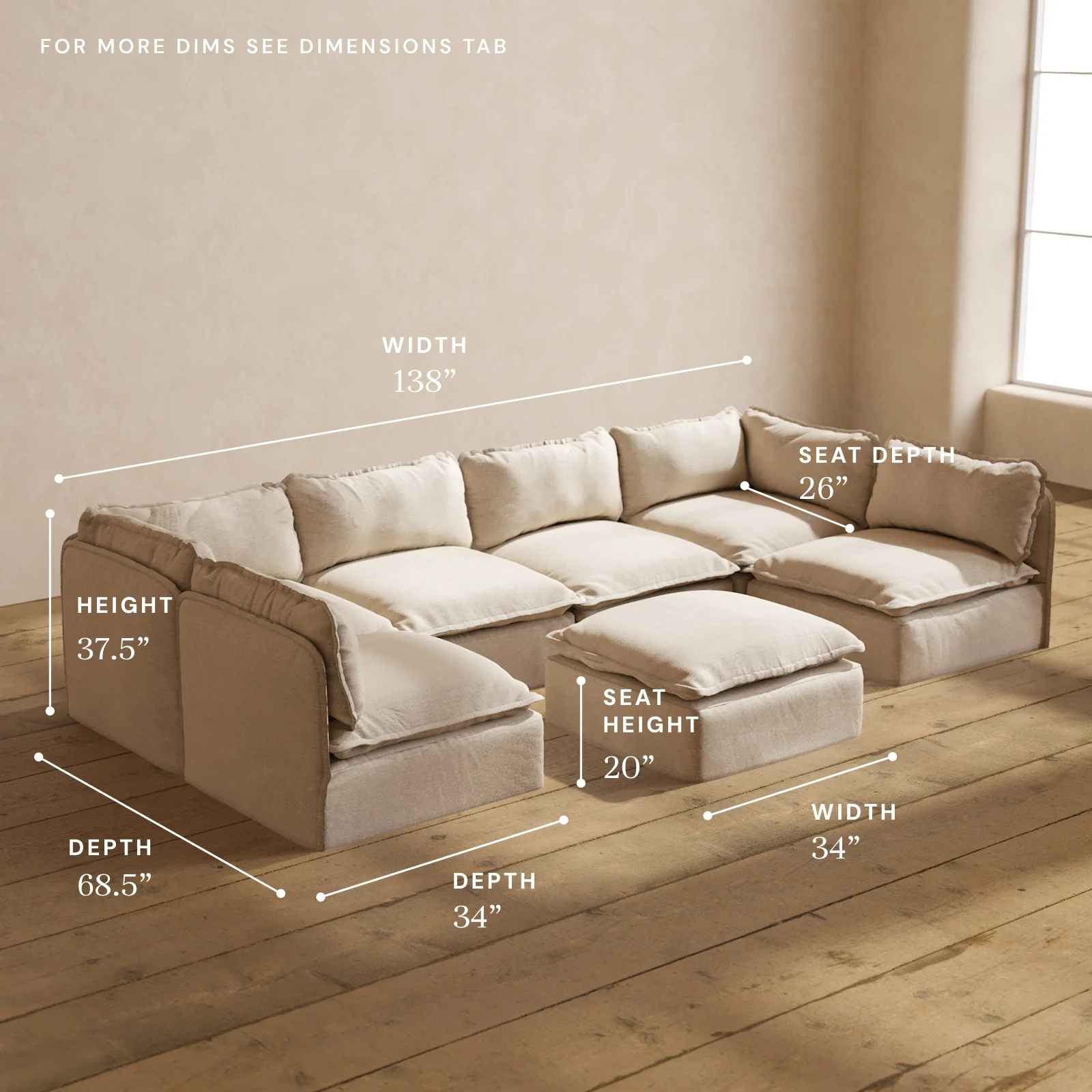 Modular Washable 6-Seater Open-Ends U-Sectional + Ottoman in Oat | Memorix+ Seat | Contour Pillow - Image 5