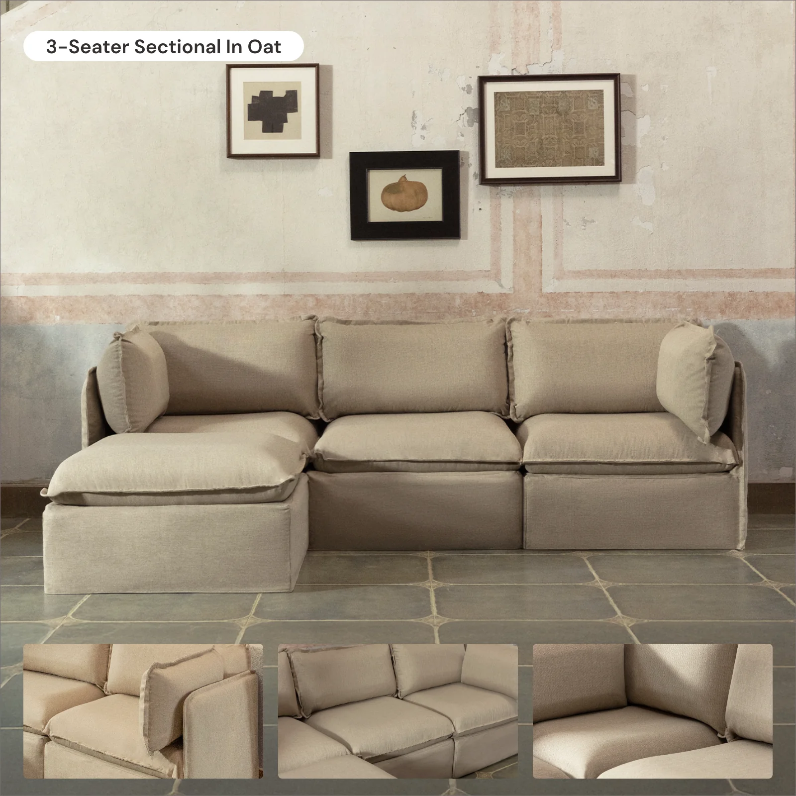 Modular Washable 6-Seater Open-Ends U-Sectional + Ottoman in Oat | Memorix+ Seat | Contour Pillow - Image 7