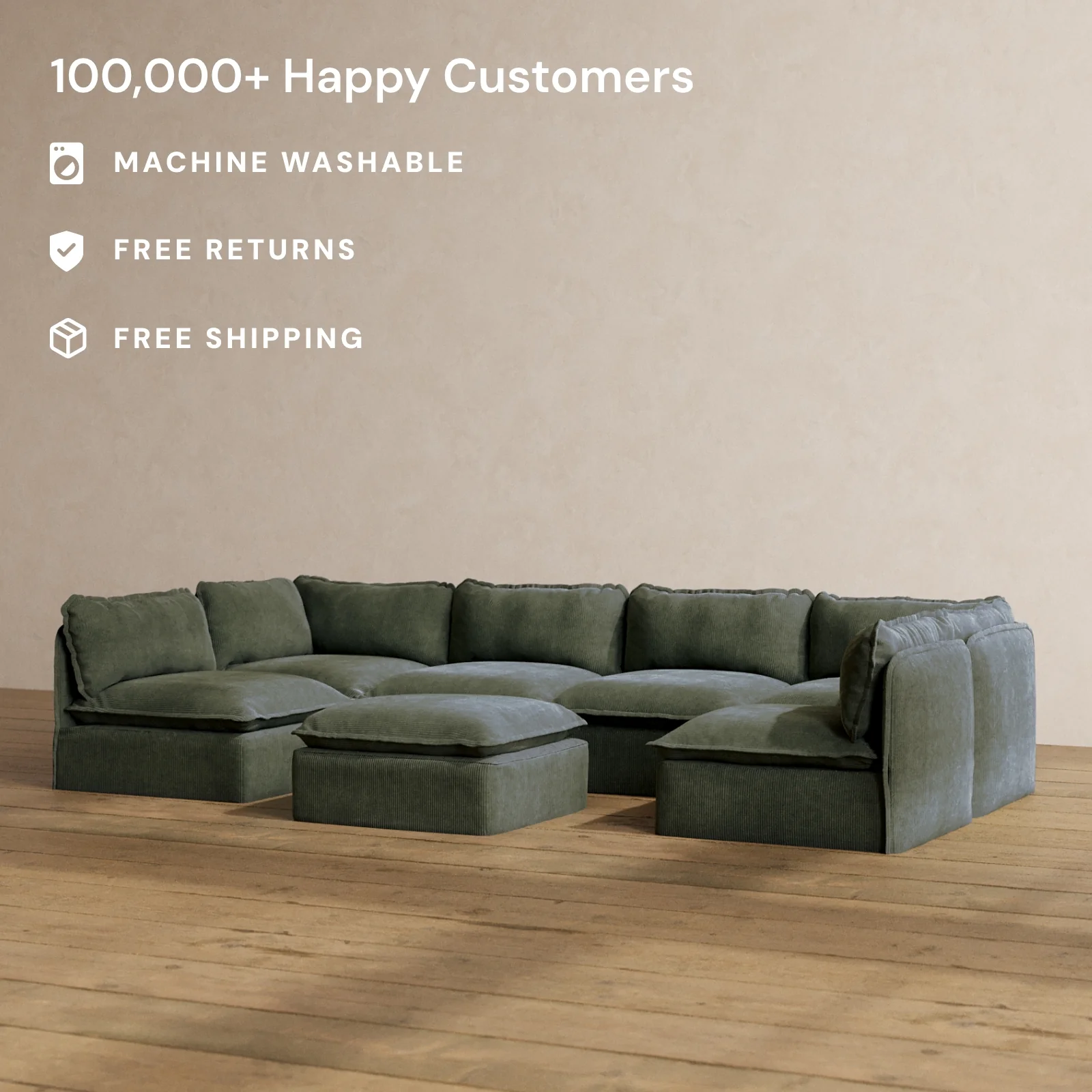 Modular Washable 6-Seater Open-Ends U-Sectional + Ottoman in Olivine | Memorix+ Seat | Contour Pillow - Image 2