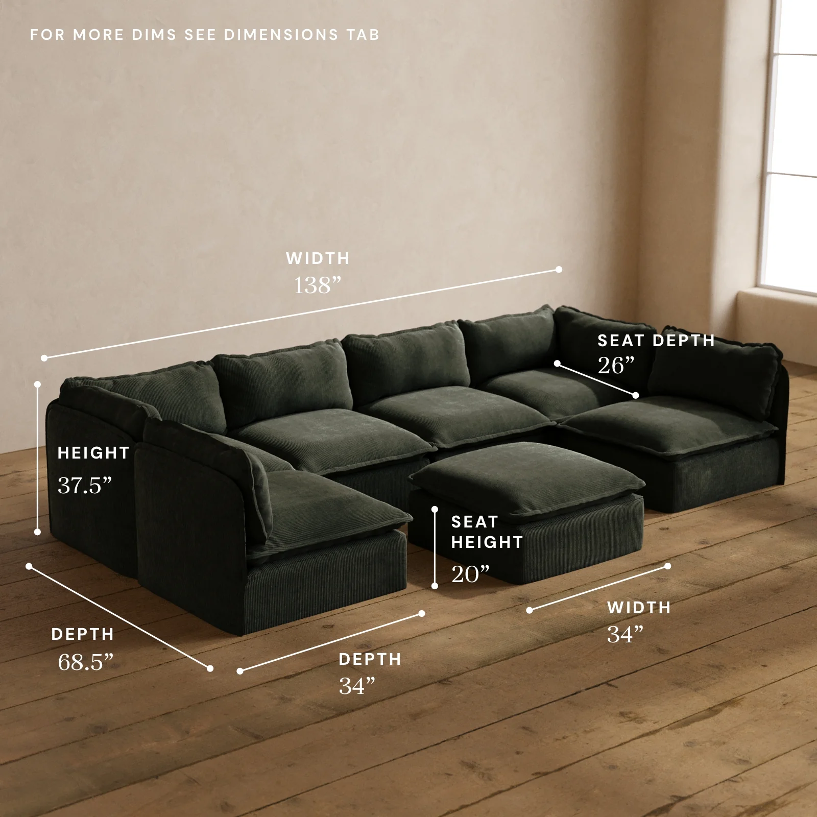 Modular Washable 6-Seater Open-Ends U-Sectional + Ottoman in Olivine | Memorix+ Seat | Contour Pillow - Image 5