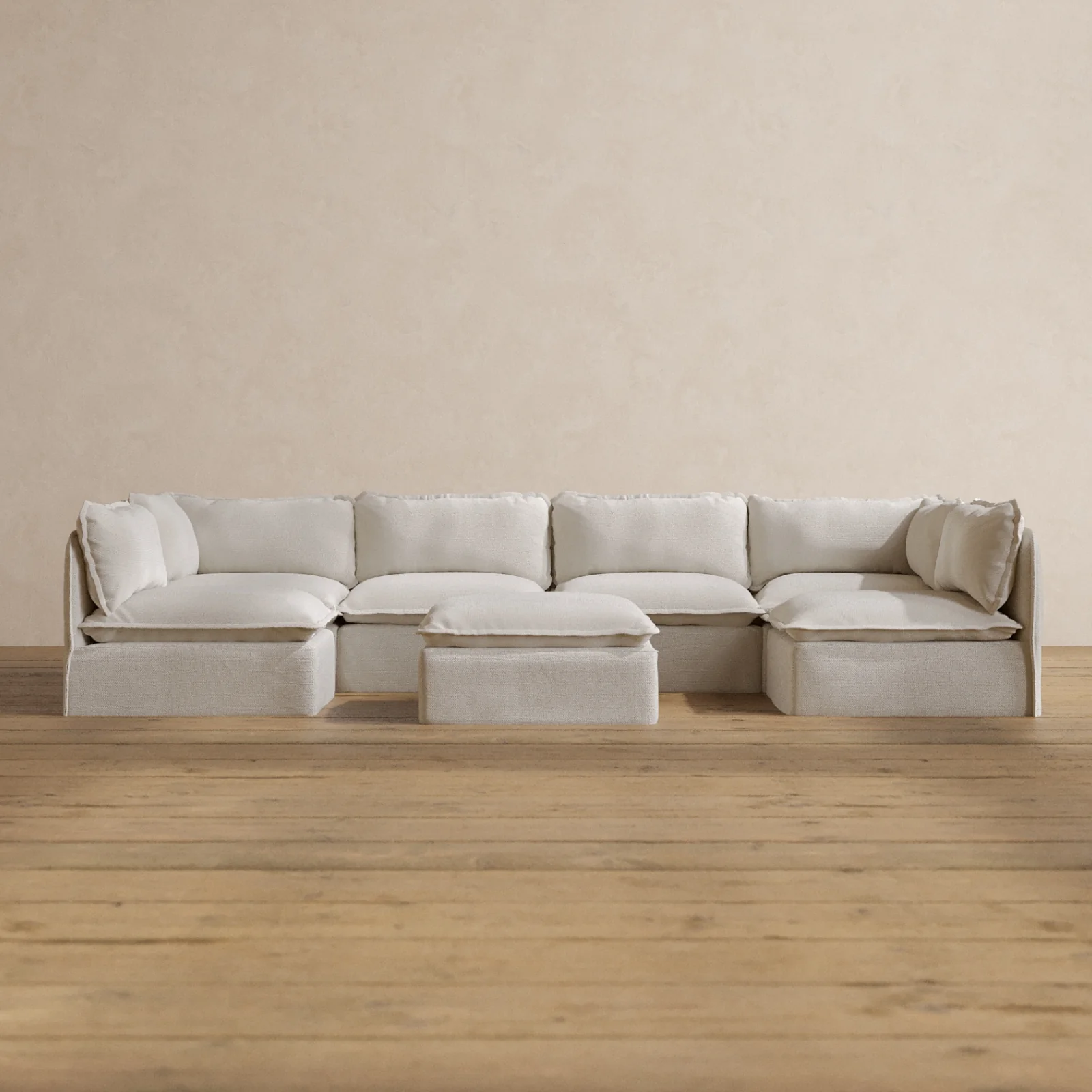 Modular Washable 6-Seater Open-Ends U-Sectional + Ottoman in Powder | Deluxe+ Seat | Cloud Pillow