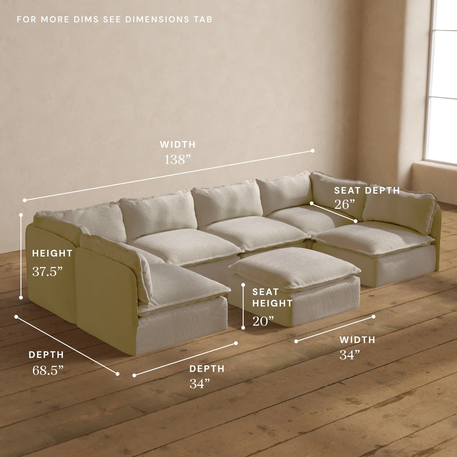 Modular Washable 6-Seater Open-Ends U-Sectional + Ottoman in Powder | Memorix+ Seat | Contour Pillow - Image 5