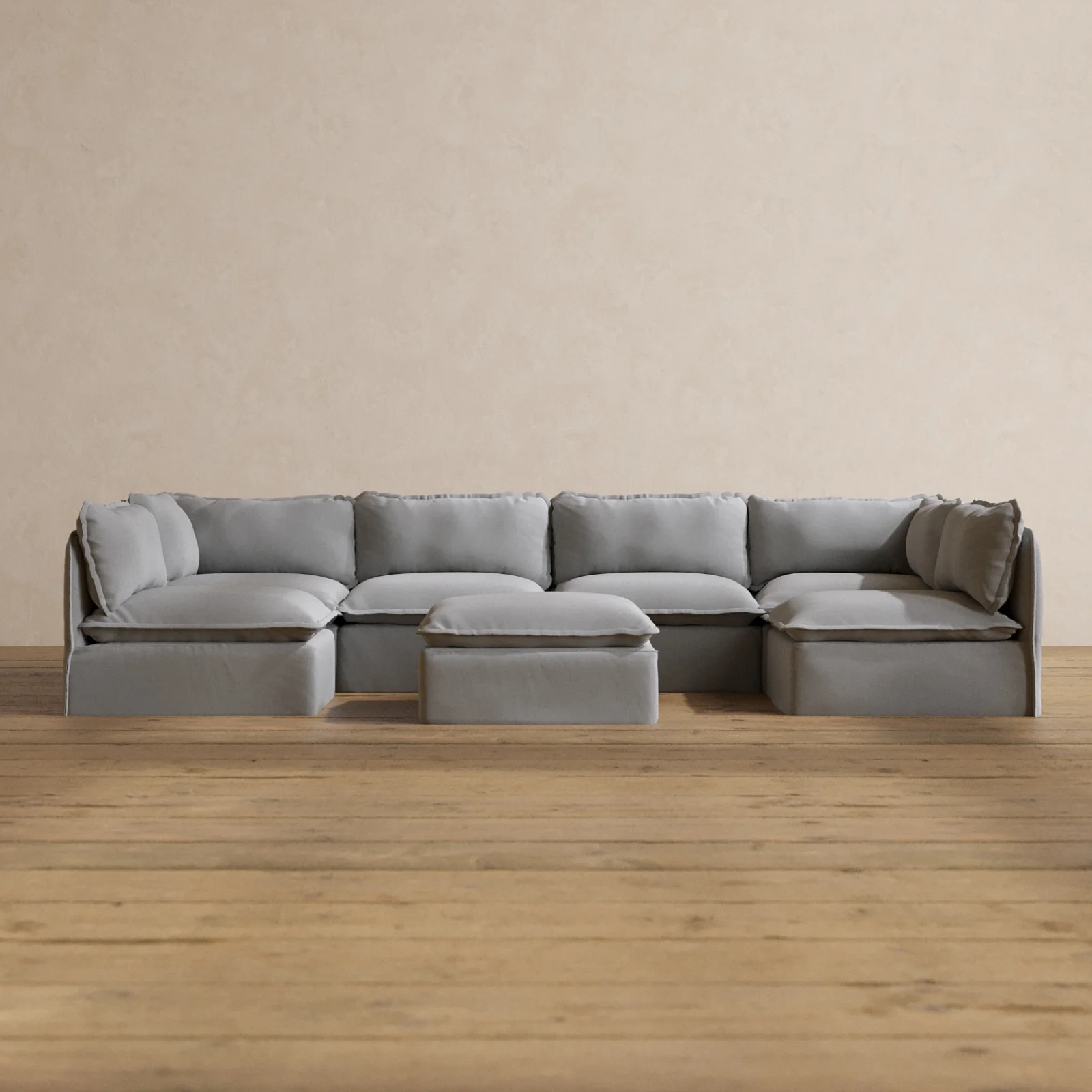 Modular Washable 6-Seater Open-Ends U-Sectional + Ottoman in Pumice | Memorix+ Seat | Contour Pillow