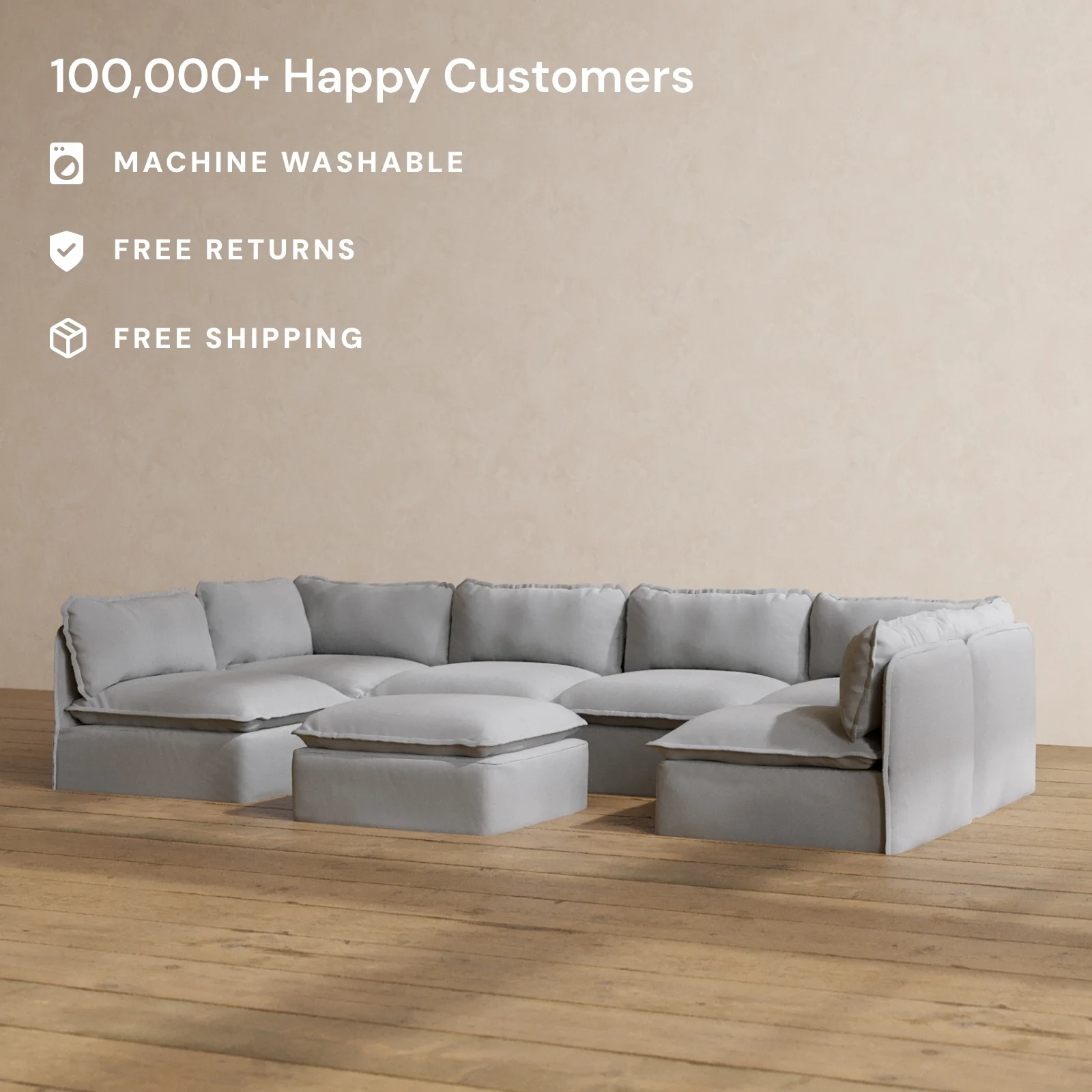 Modular Washable 6-Seater Open-Ends U-Sectional + Ottoman in Pumice | Memorix+ Seat | Contour Pillow - Image 2