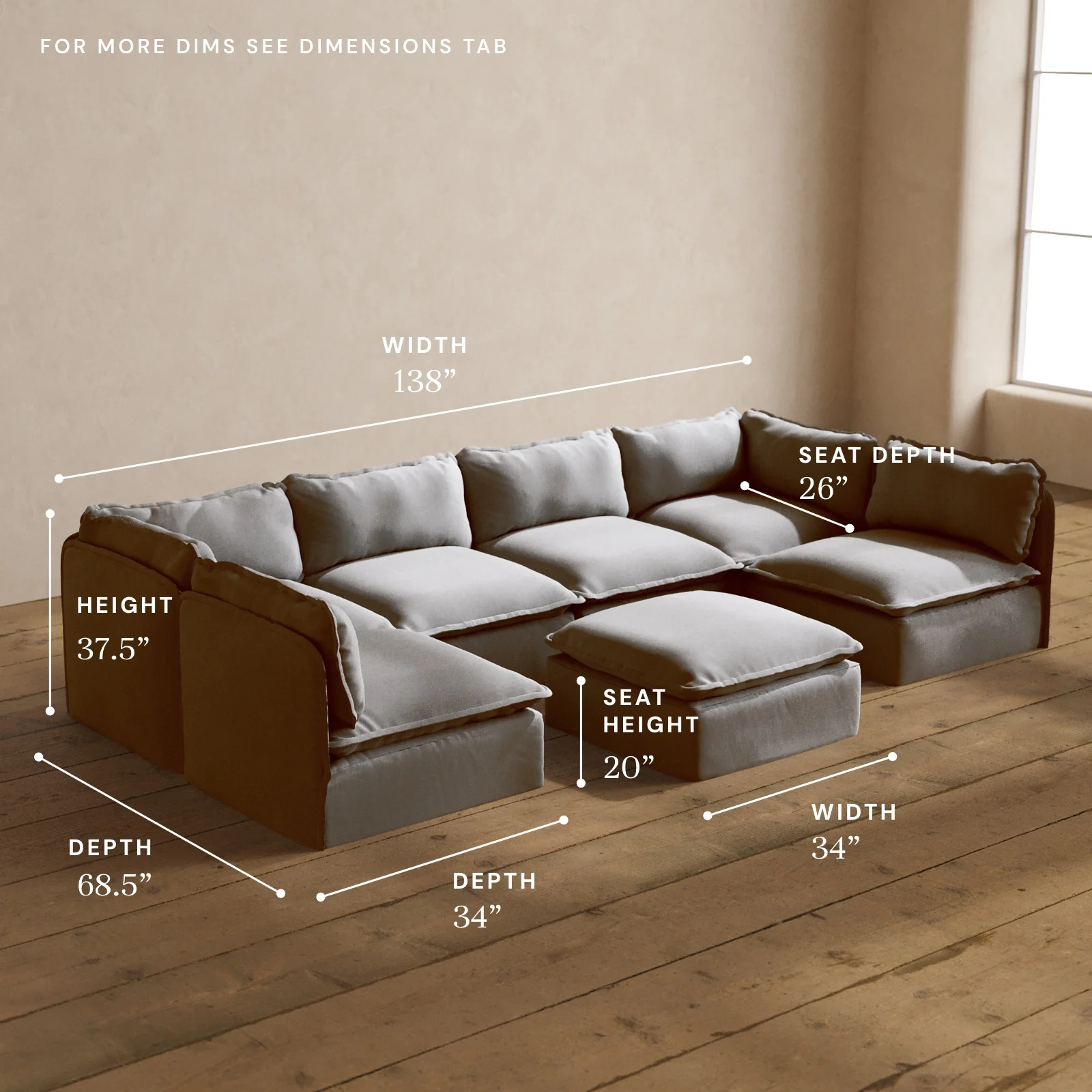 Modular Washable 6-Seater Open-Ends U-Sectional + Ottoman in Pumice | Memorix+ Seat | Contour Pillow - Image 5