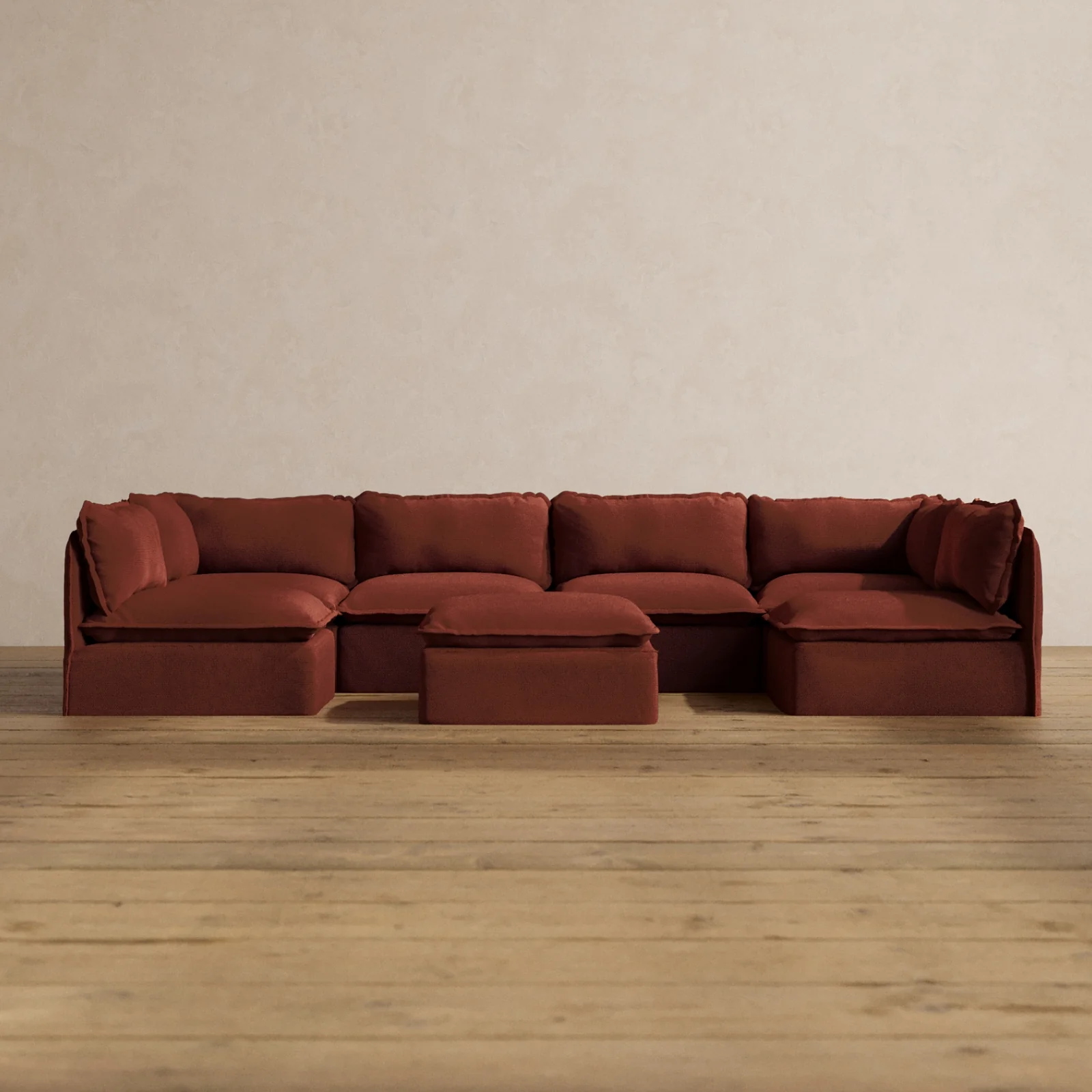 Modular Washable 6-Seater Open-Ends U-Sectional + Ottoman in Rust | Deluxe+ Seat | Cloud Pillow