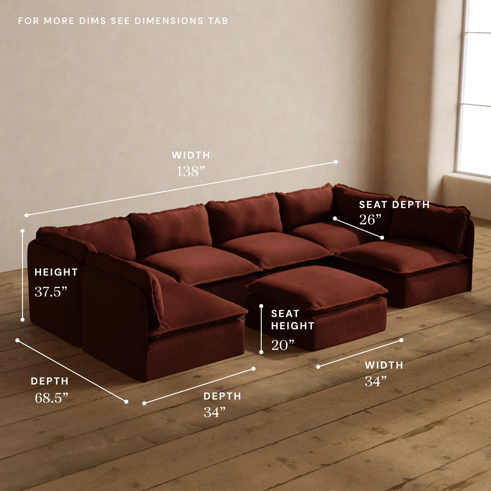 Modular Washable 6-Seater Open-Ends U-Sectional + Ottoman in Rust | Memorix+ Seat | Contour Pillow - Image 5