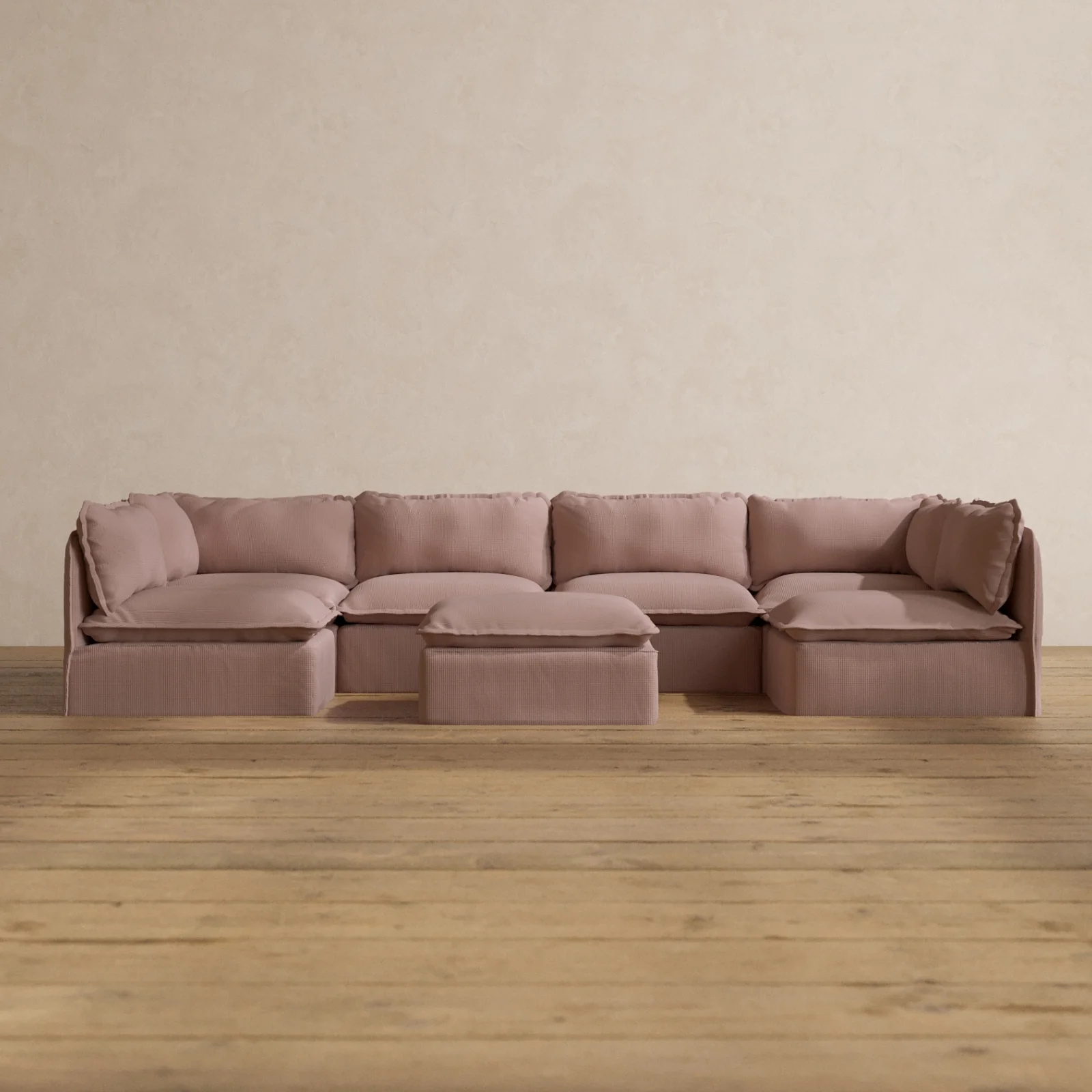 Modular Washable 6-Seater Open-Ends U-Sectional + Ottoman in Sakura | Deluxe+ Seat | Cloud Pillow