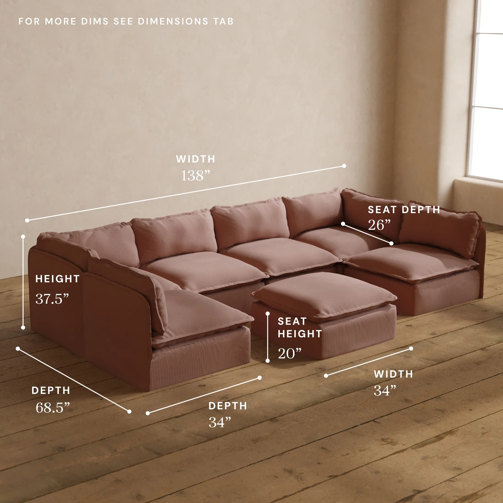 Modular Washable 6-Seater Open-Ends U-Sectional + Ottoman in Sakura | Deluxe+ Seat | Cloud Pillow - Image 5
