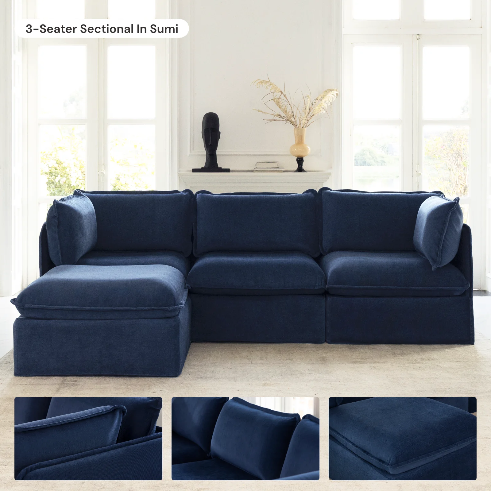 Modular Washable 6-Seater Open-Ends U-Sectional + Ottoman in Sumi | Memorix+ Seat | Contour Pillow - Image 7
