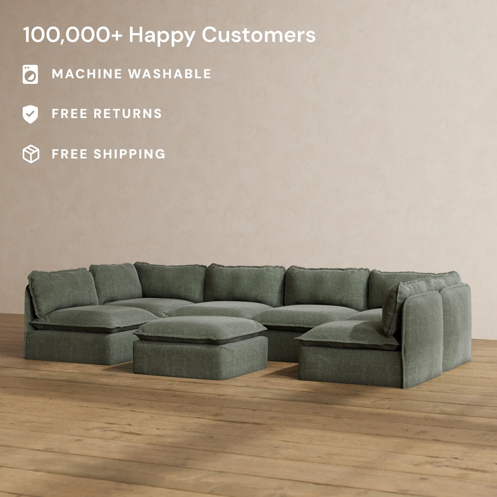 Modular Washable 6-Seater Open-Ends U-Sectional + Ottoman in Willow | Deluxe+ Seat | Cloud Pillow - Image 2