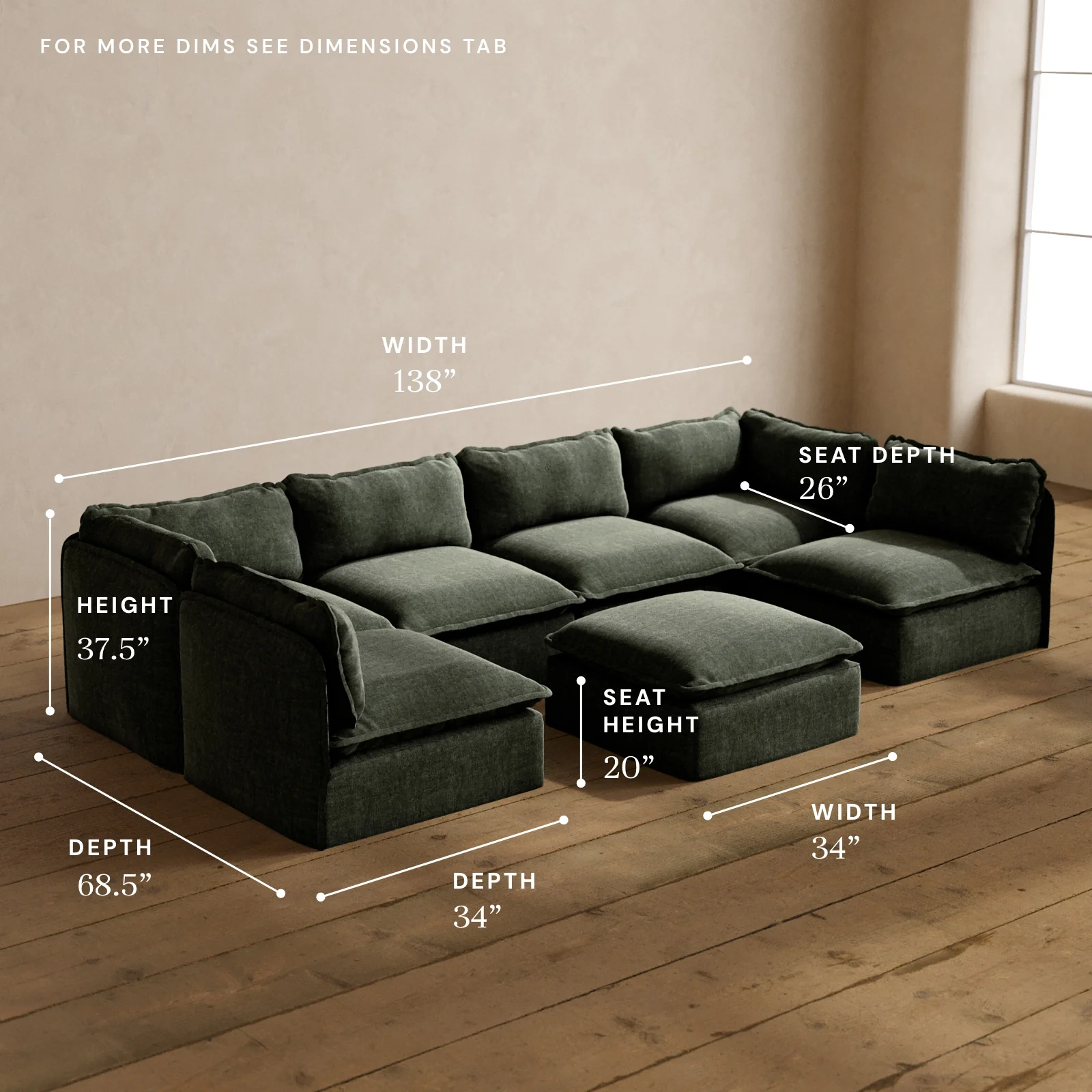 Modular Washable 6-Seater Open-Ends U-Sectional + Ottoman in Willow | Deluxe+ Seat | Cloud Pillow - Image 5
