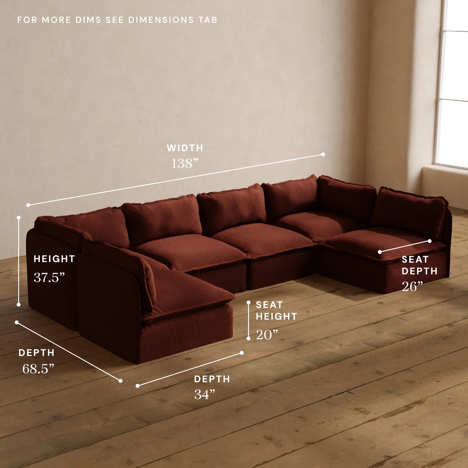 Modular Washable 6-Seater Open-Ends U-Sectional in Rust | Deluxe+ Seat | Cloud Pillow - Image 5