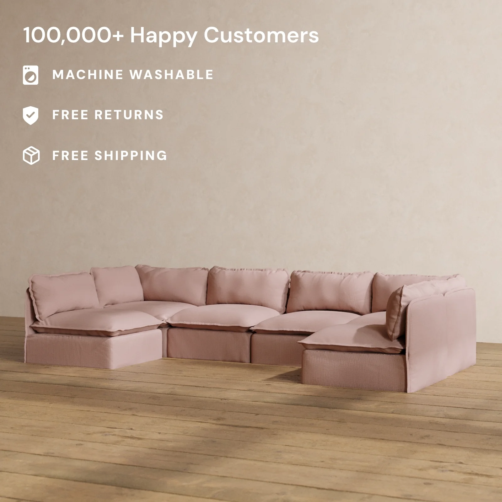 Modular Washable 6-Seater Open-Ends U-Sectional in Sakura | Deluxe+ Seat | Cloud Pillow - Image 2