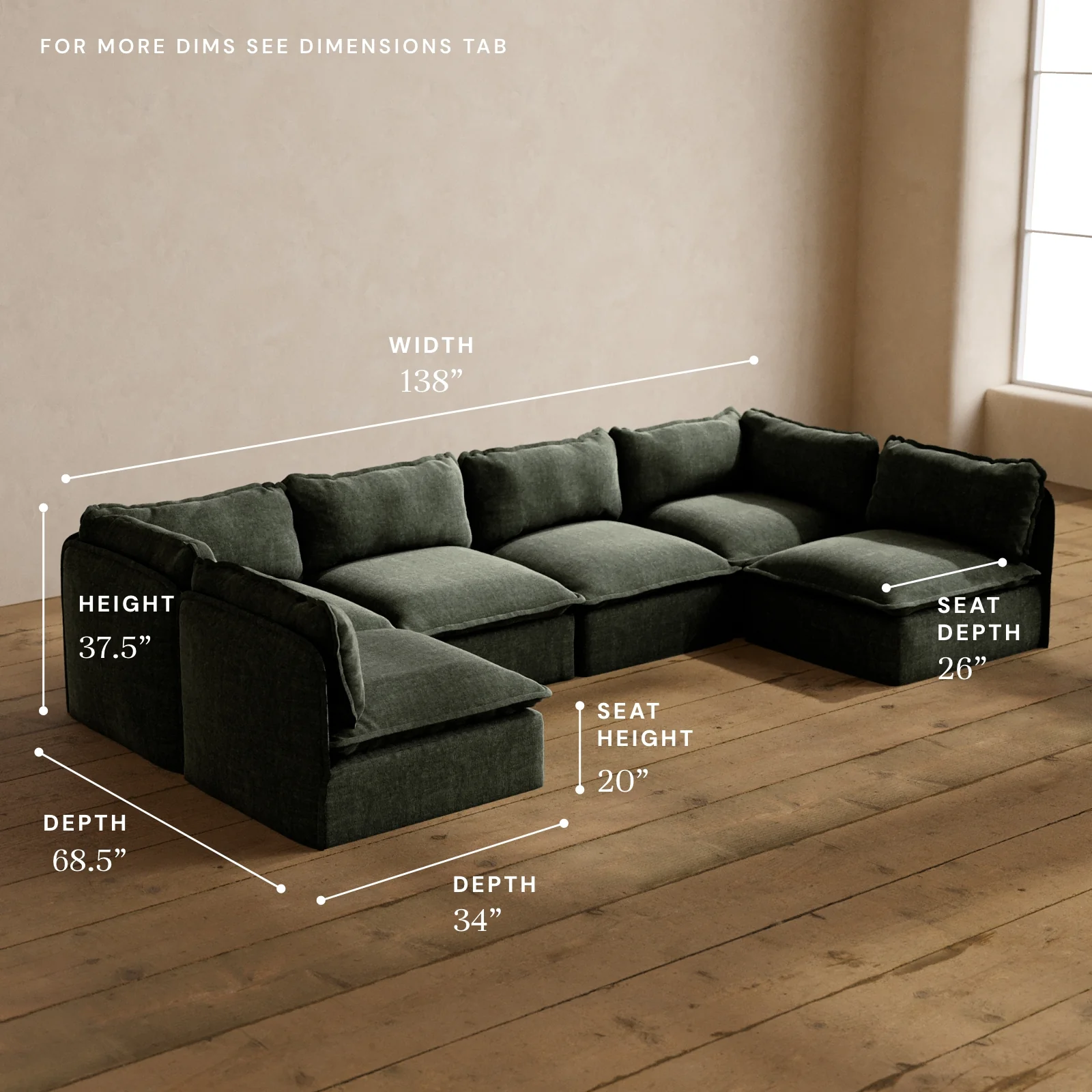 Modular Washable 6-Seater Open-Ends U-Sectional in Willow | Deluxe+ Seat | Cloud Pillow - Image 5