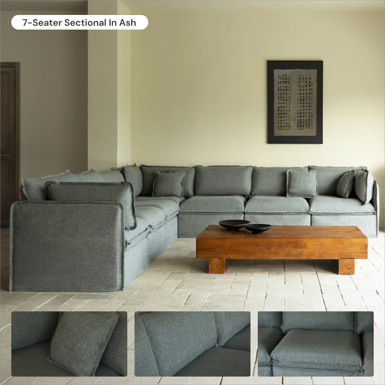 Modular Washable 6-Seater U-Sectional in Ash | Deluxe+ Seat | Cloud Pillow - Image 7