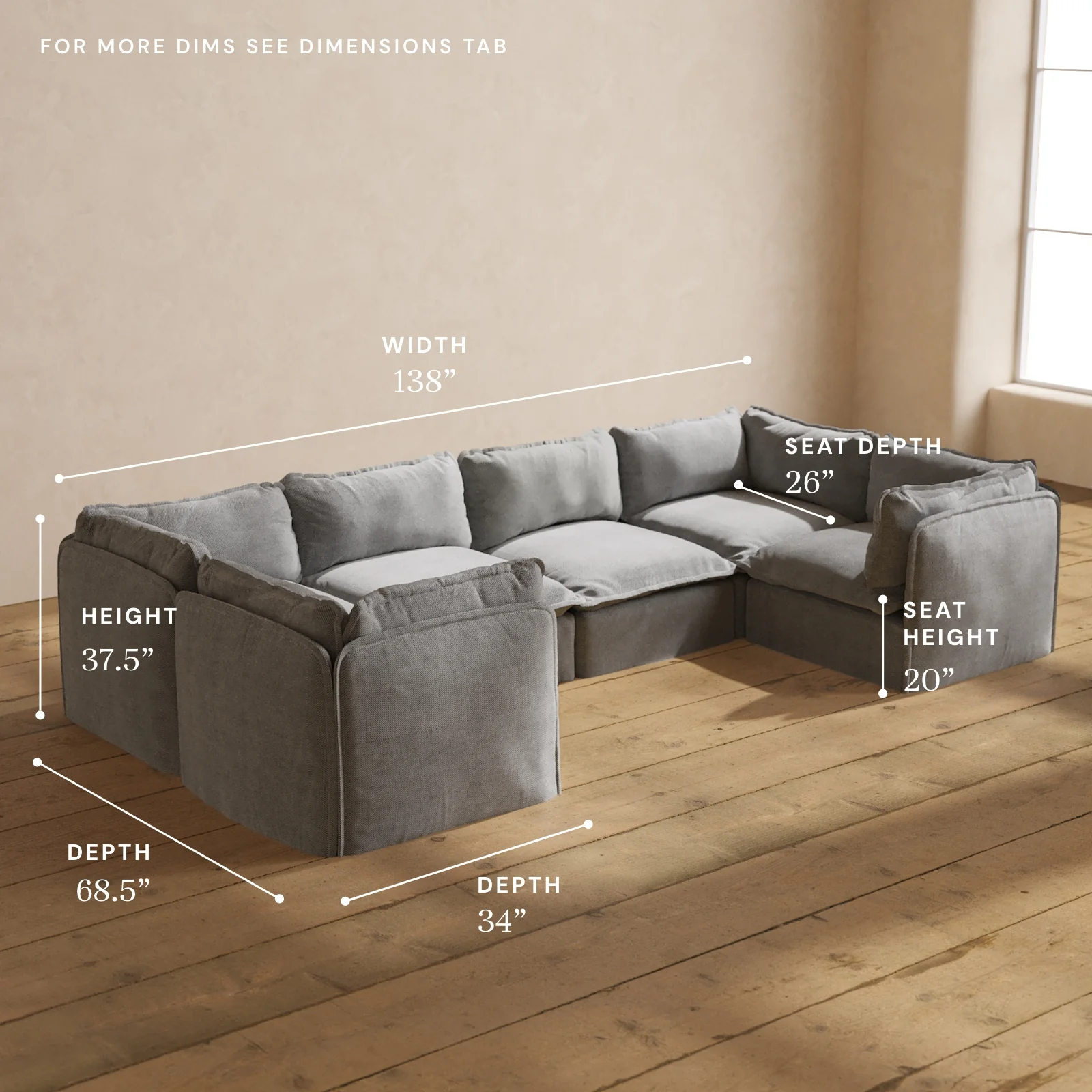 Modular Washable 6-Seater U-Sectional in Ash | Memorix+ Seat | Contour Pillow - Image 5