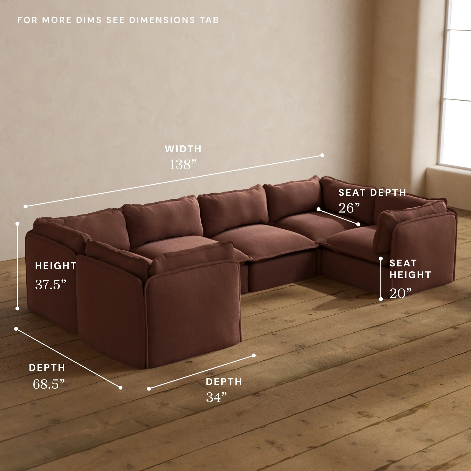 Modular Washable 6-Seater U-Sectional in Chestnut | Deluxe+ Seat | Cloud Pillow - Image 5