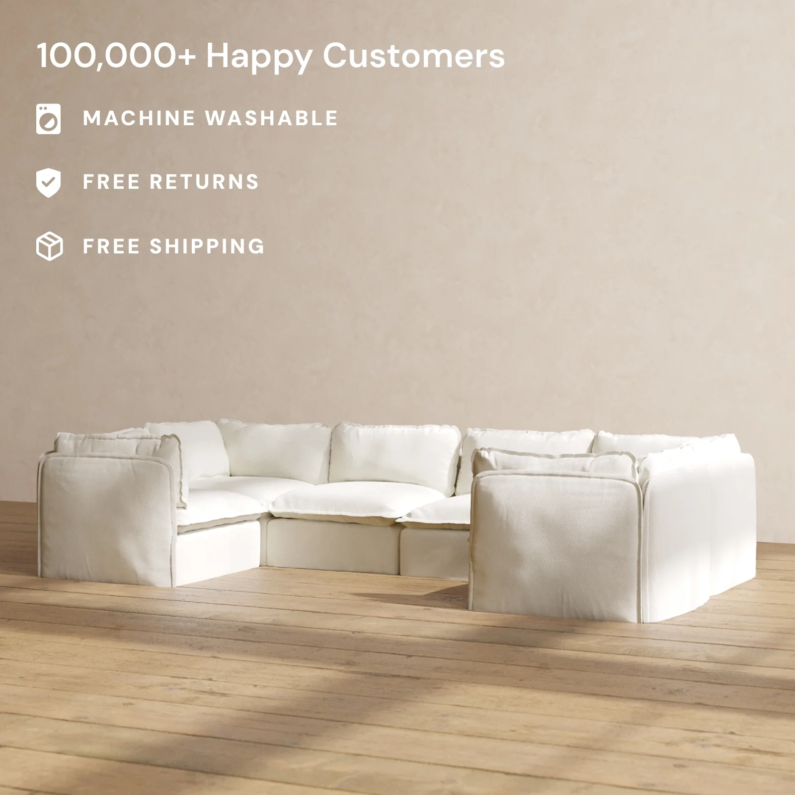 Modular Washable 6-Seater U-Sectional in Eggshell | Deluxe+ Seat | Cloud Pillow - Image 2