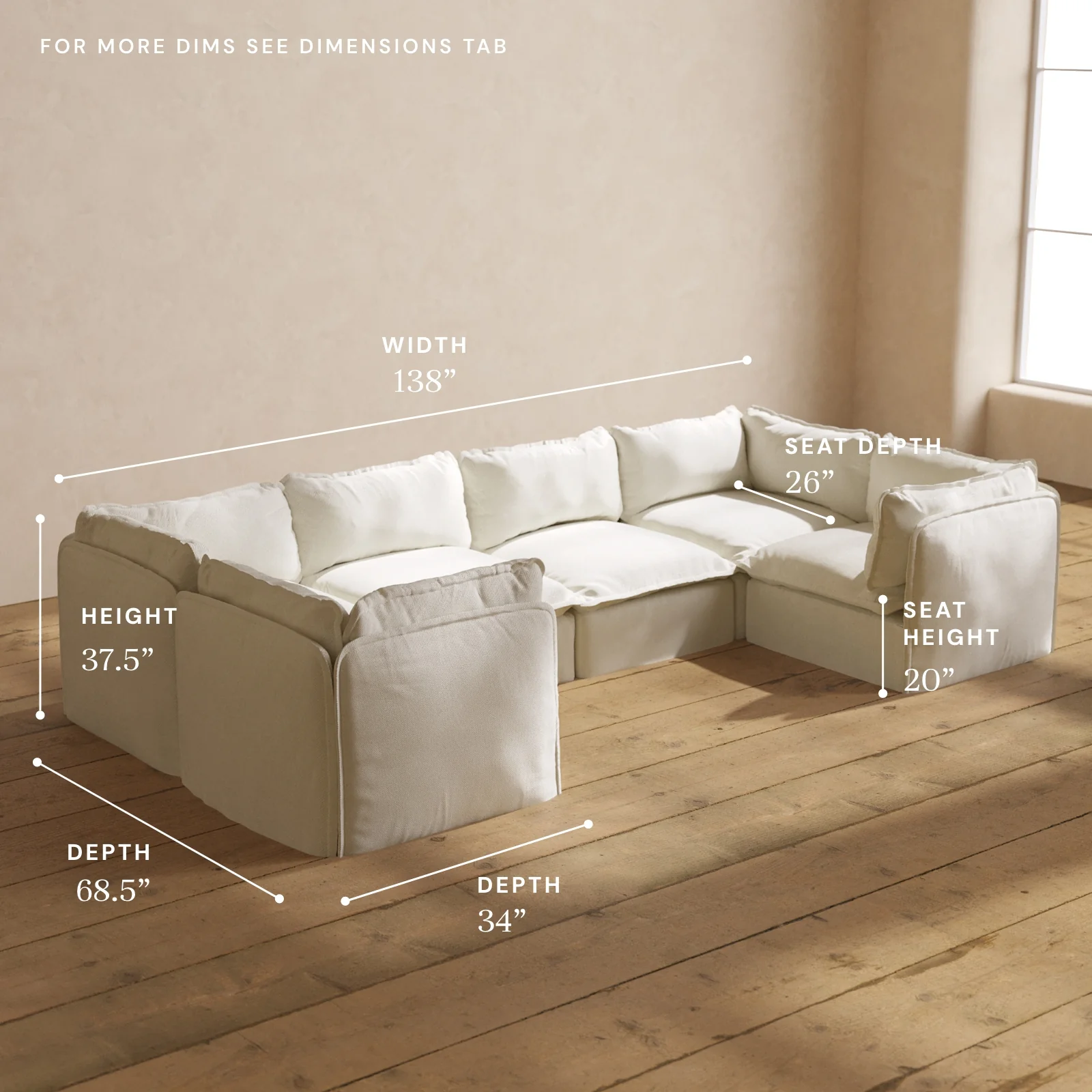 Modular Washable 6-Seater U-Sectional in Eggshell | Memorix+ Seat | Contour Pillow - Image 5