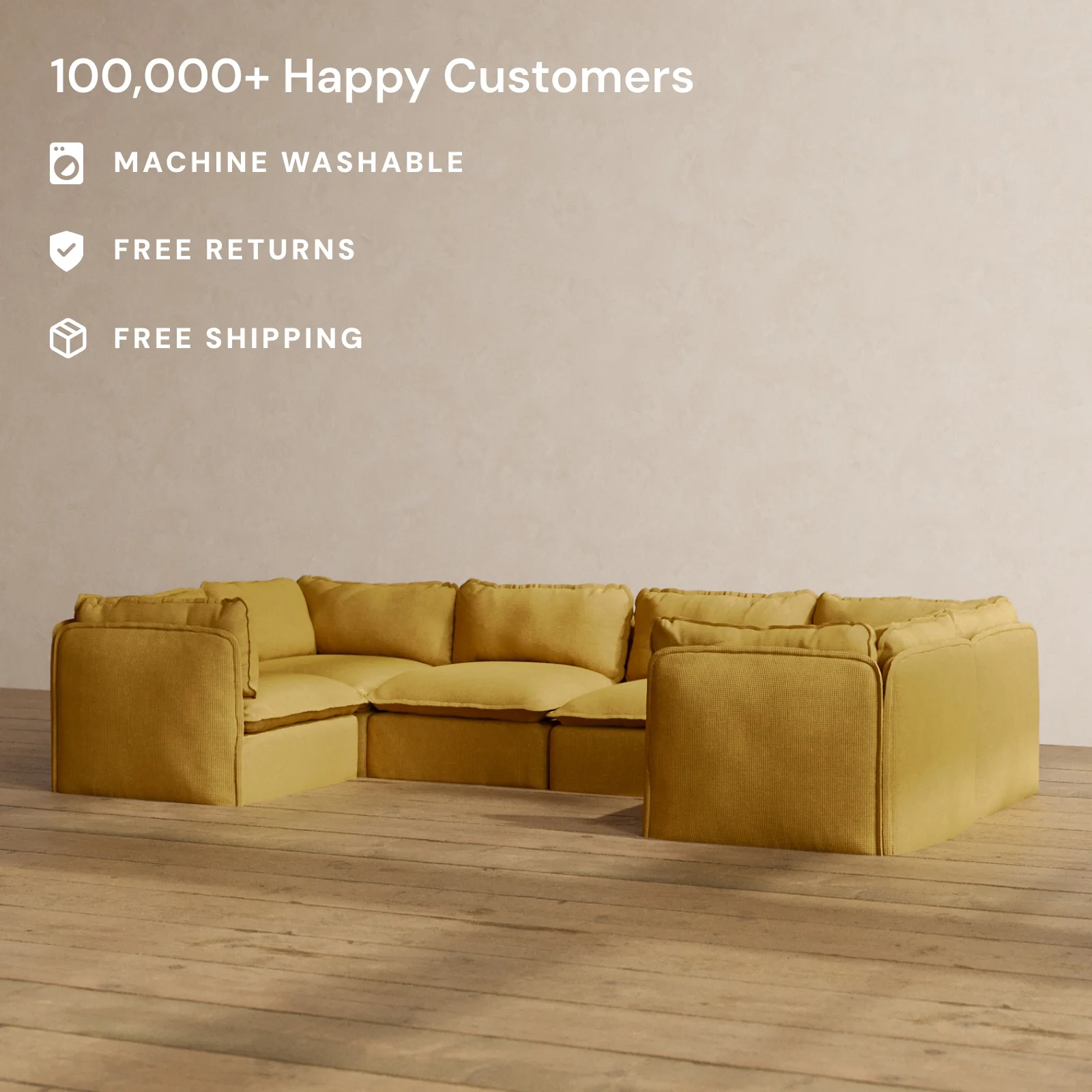 Modular Washable 6-Seater U-Sectional in Kiiro | Deluxe+ Seat | Cloud Pillow - Image 2