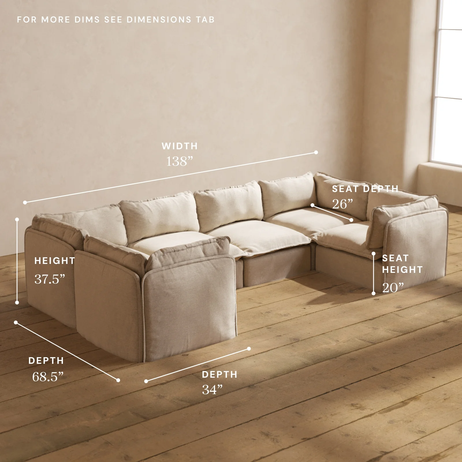 Modular Washable 6-Seater U-Sectional in Oat | Deluxe+ Seat | Cloud Pillow - Image 5