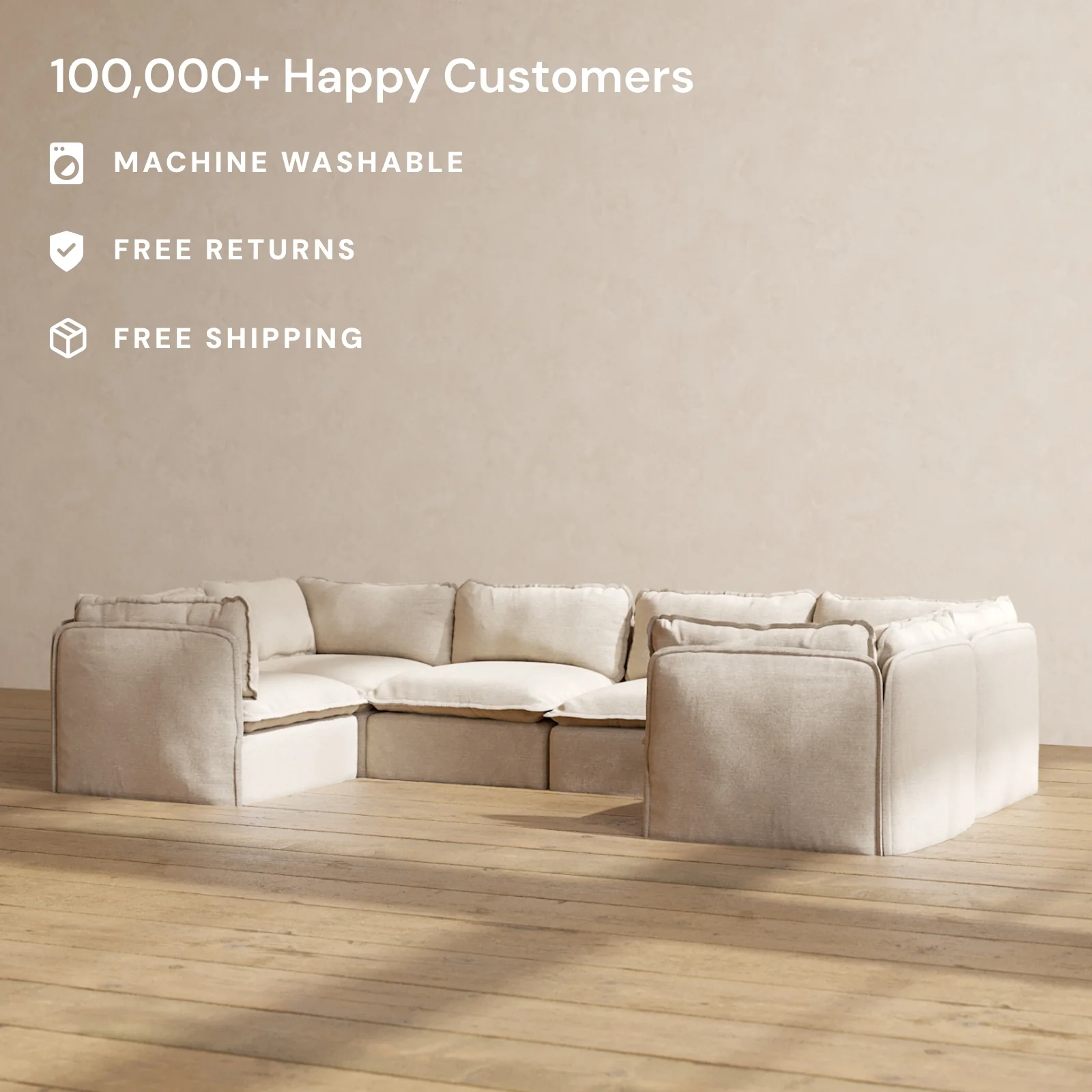 Modular Washable 6-Seater U-Sectional in Oat | Memorix+ Seat | Contour Pillow - Image 2