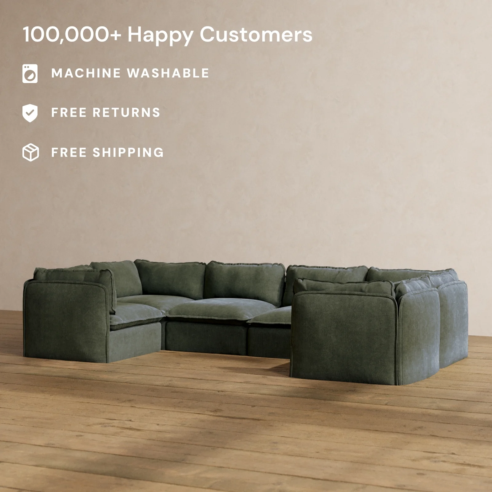 Modular Washable 6-Seater U-Sectional in Olivine | Deluxe+ Seat | Cloud Pillow - Image 2