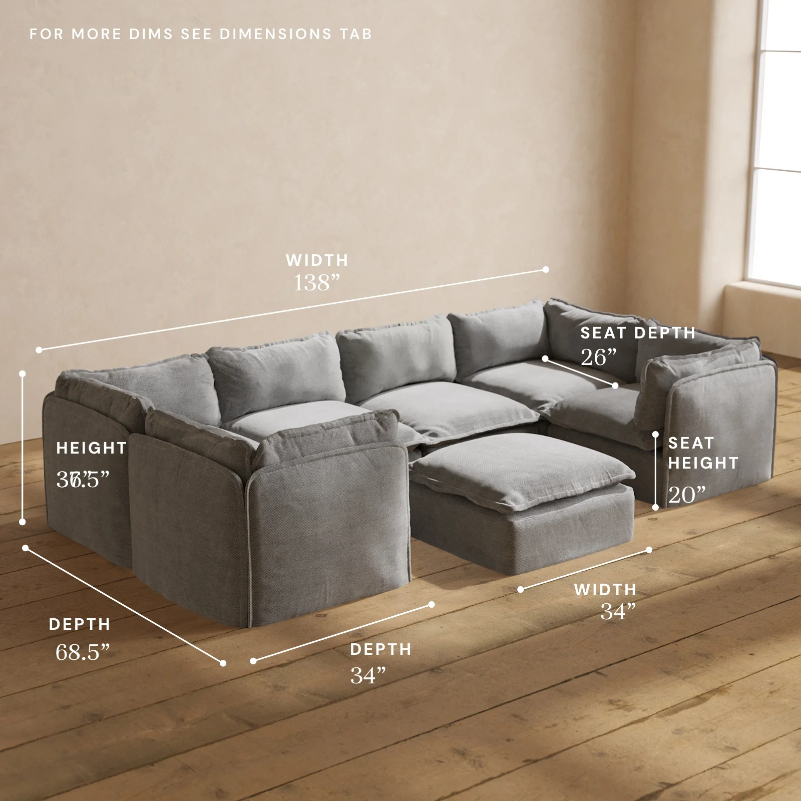 Modular Washable 6-Seater U-Sectional + Ottoman in Ash | Deluxe+ Seat | Cloud Pillow - Image 5