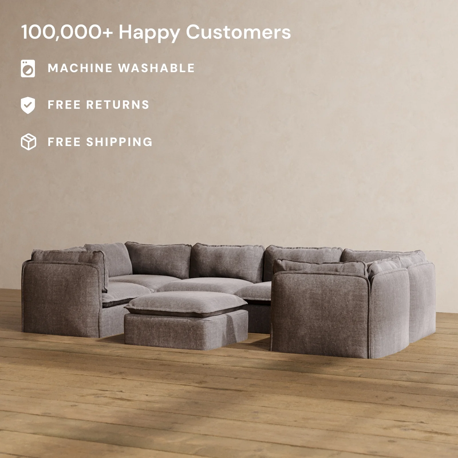 Modular Washable 6-Seater U-Sectional + Ottoman in Caviar | Deluxe+ Seat | Cloud Pillow - Image 2