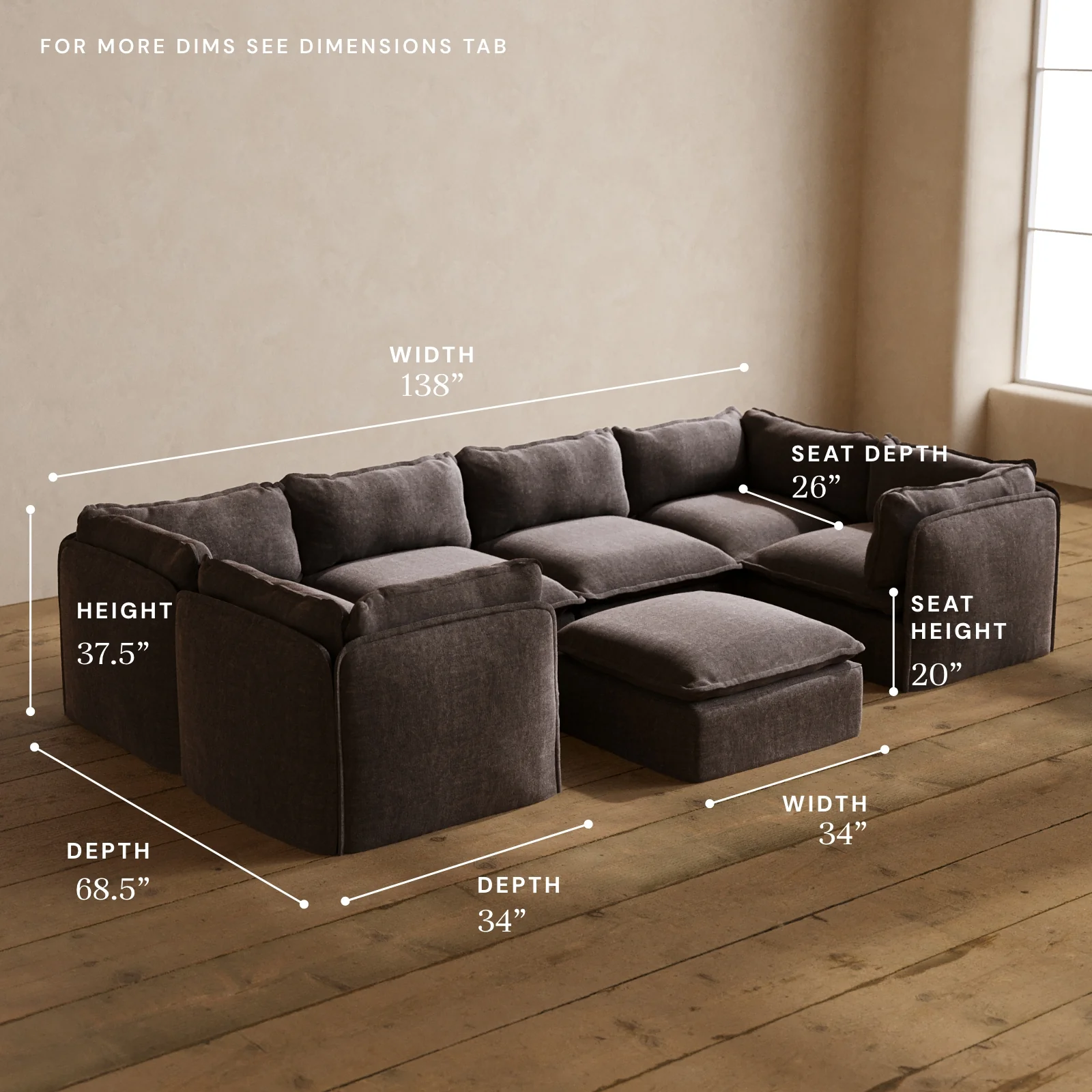 Modular Washable 6-Seater U-Sectional + Ottoman in Caviar | Memorix+ Seat | Contour Pillow - Image 5