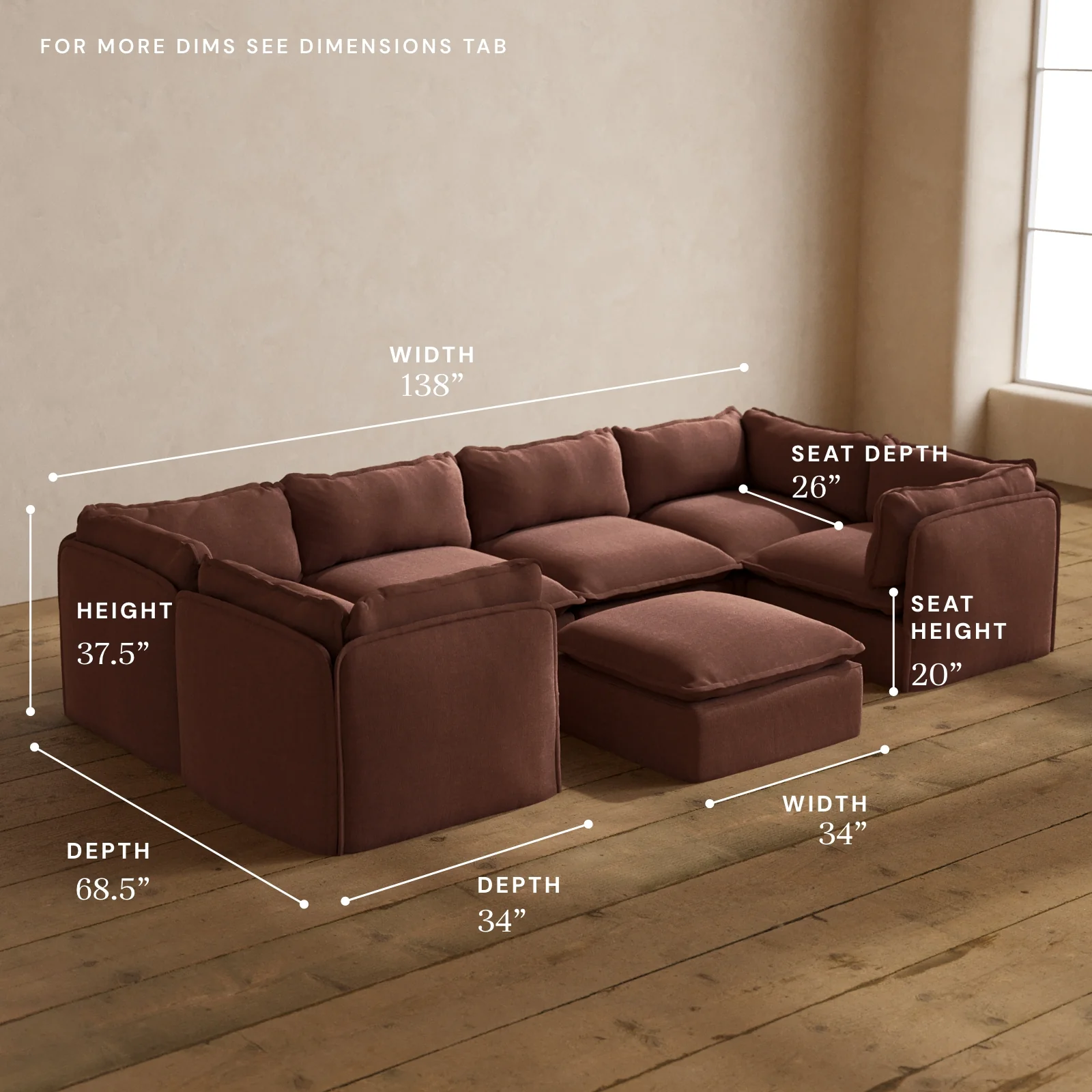 Modular Washable 6-Seater U-Sectional + Ottoman in Chestnut | Memorix+ Seat | Contour Pillow - Image 5