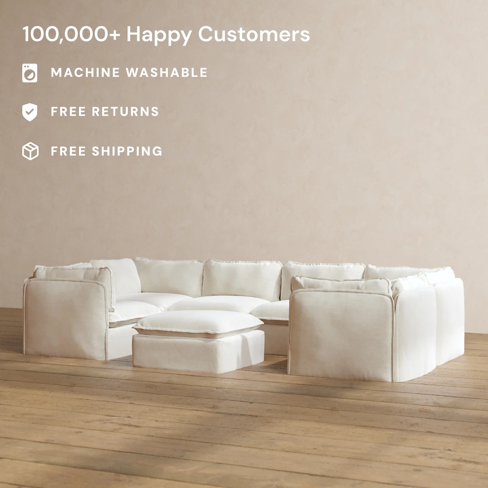 Modular Washable 6-Seater U-Sectional + Ottoman in Coco | Memorix+ Seat | Contour Pillow - Image 2