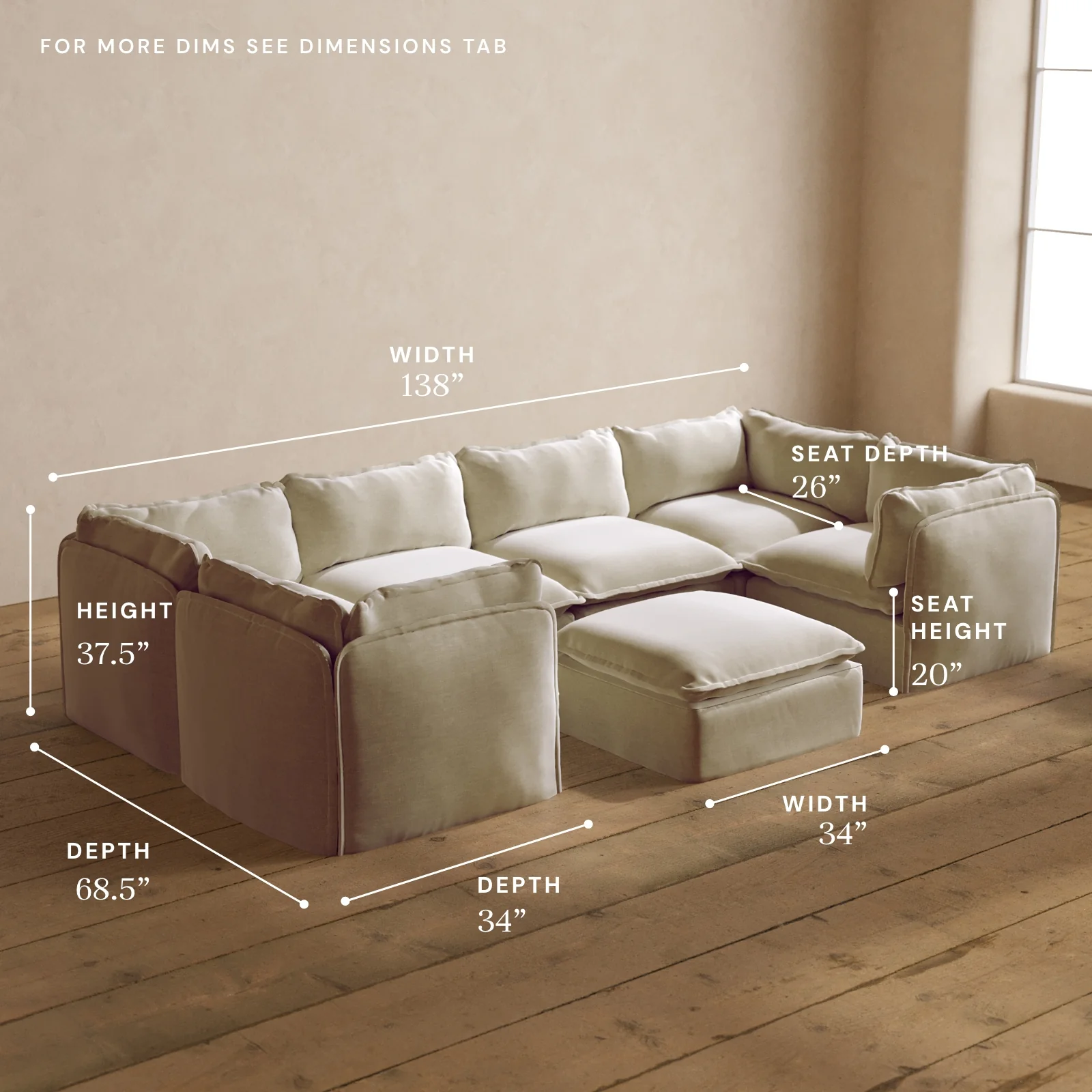 Modular Washable 6-Seater U-Sectional + Ottoman in Coco | Memorix+ Seat | Contour Pillow - Image 5