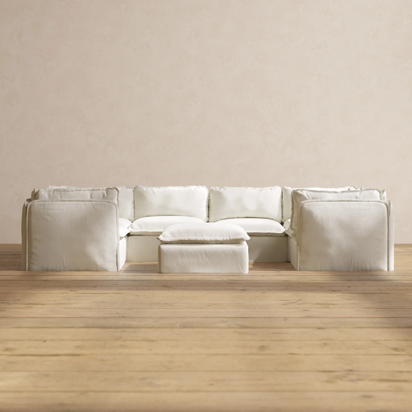 Modular Washable 6-Seater U-Sectional + Ottoman in Eggshell | Deluxe+ Seat | Cloud Pillow