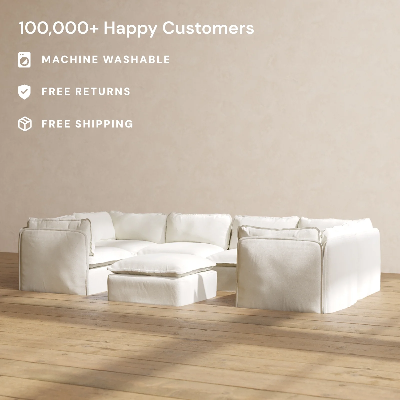 Modular Washable 6-Seater U-Sectional + Ottoman in Eggshell | Deluxe+ Seat | Cloud Pillow - Image 2