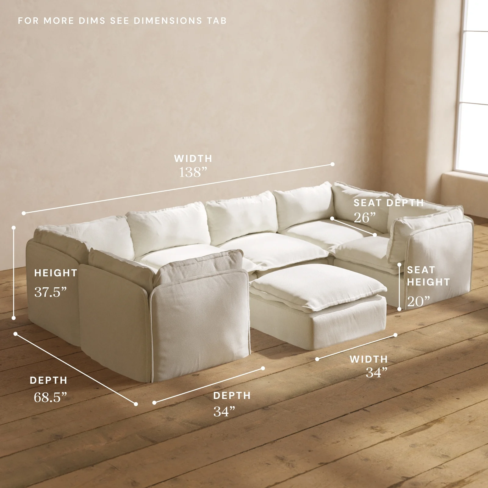 Modular Washable 6-Seater U-Sectional + Ottoman in Eggshell | Deluxe+ Seat | Cloud Pillow - Image 5