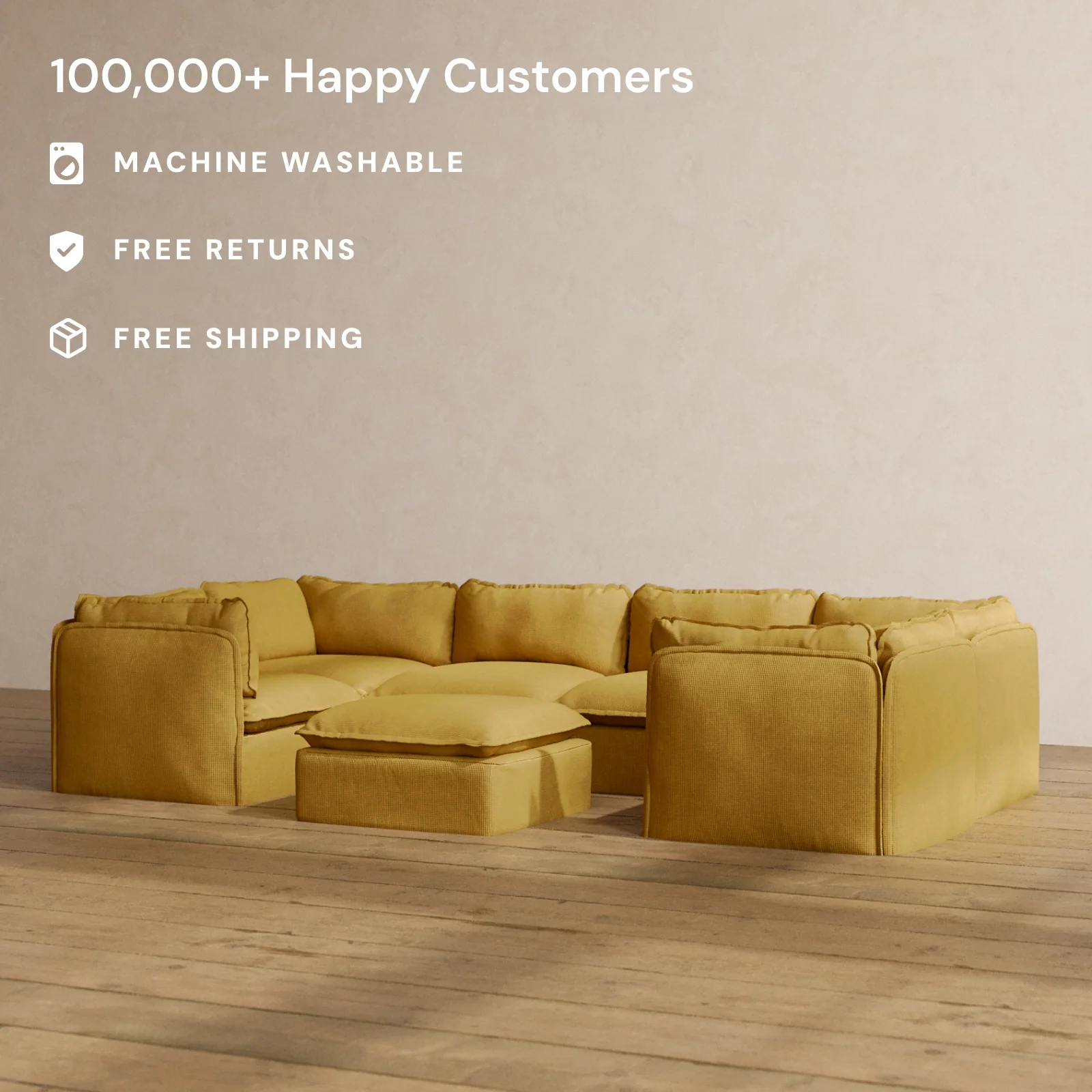 Modular Washable 6-Seater U-Sectional + Ottoman in Kiiro | Deluxe+ Seat | Cloud Pillow - Image 2