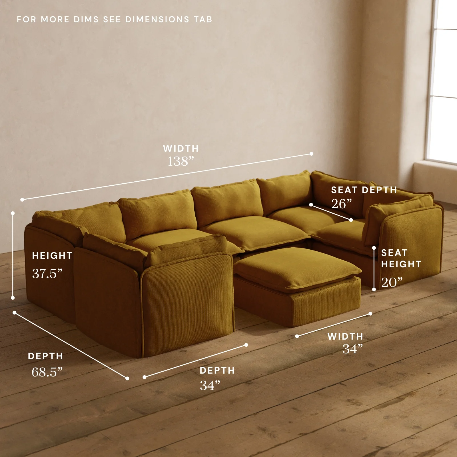Modular Washable 6-Seater U-Sectional + Ottoman in Kiiro | Deluxe+ Seat | Cloud Pillow - Image 5