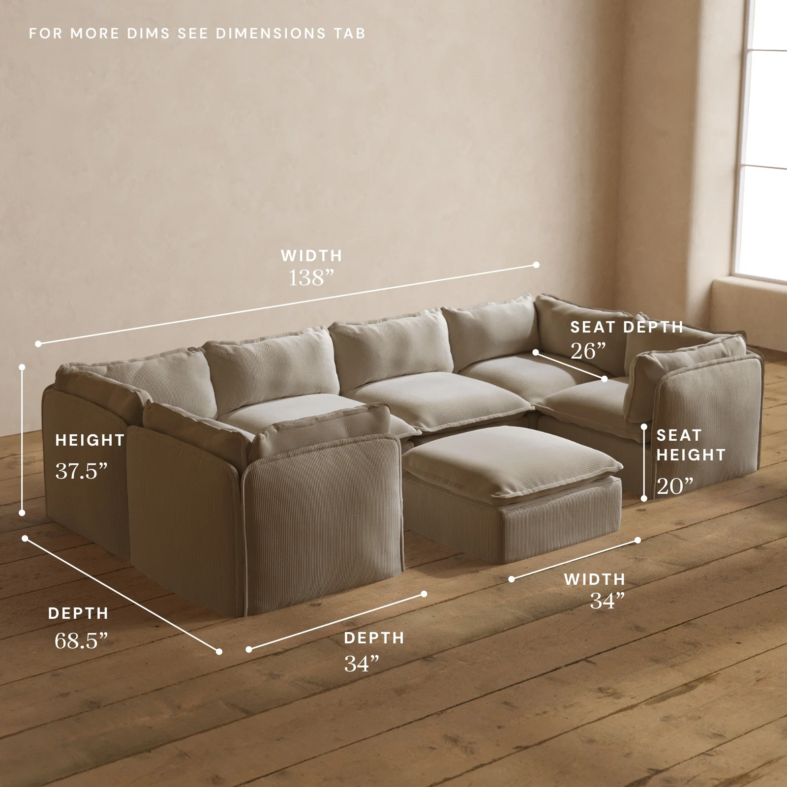 Modular Washable 6-Seater U-Sectional + Ottoman in Milk | Deluxe+ Seat | Cloud Pillow - Image 5