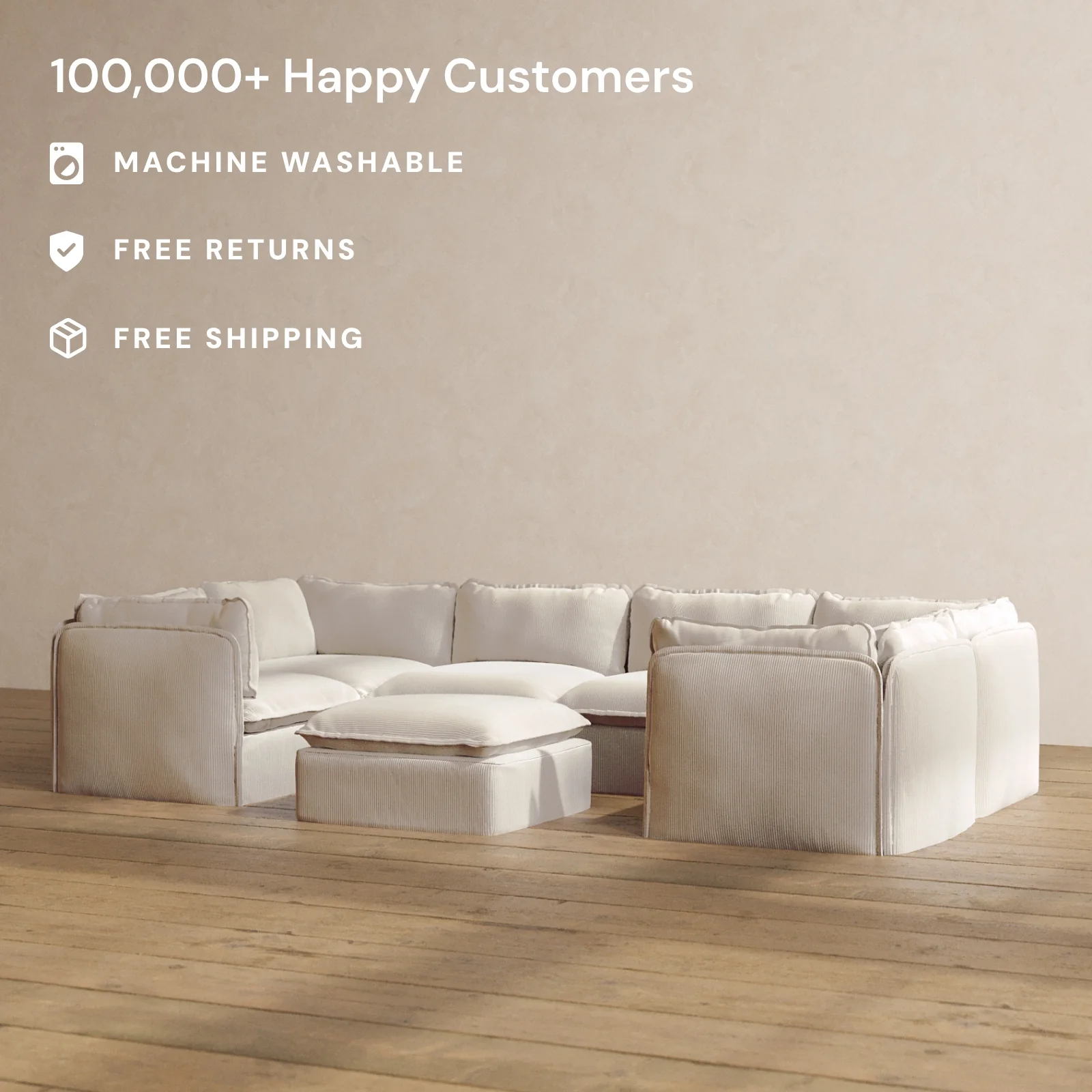 Modular Washable 6-Seater U-Sectional + Ottoman in Milk | Memorix+ Seat | Contour Pillow - Image 2