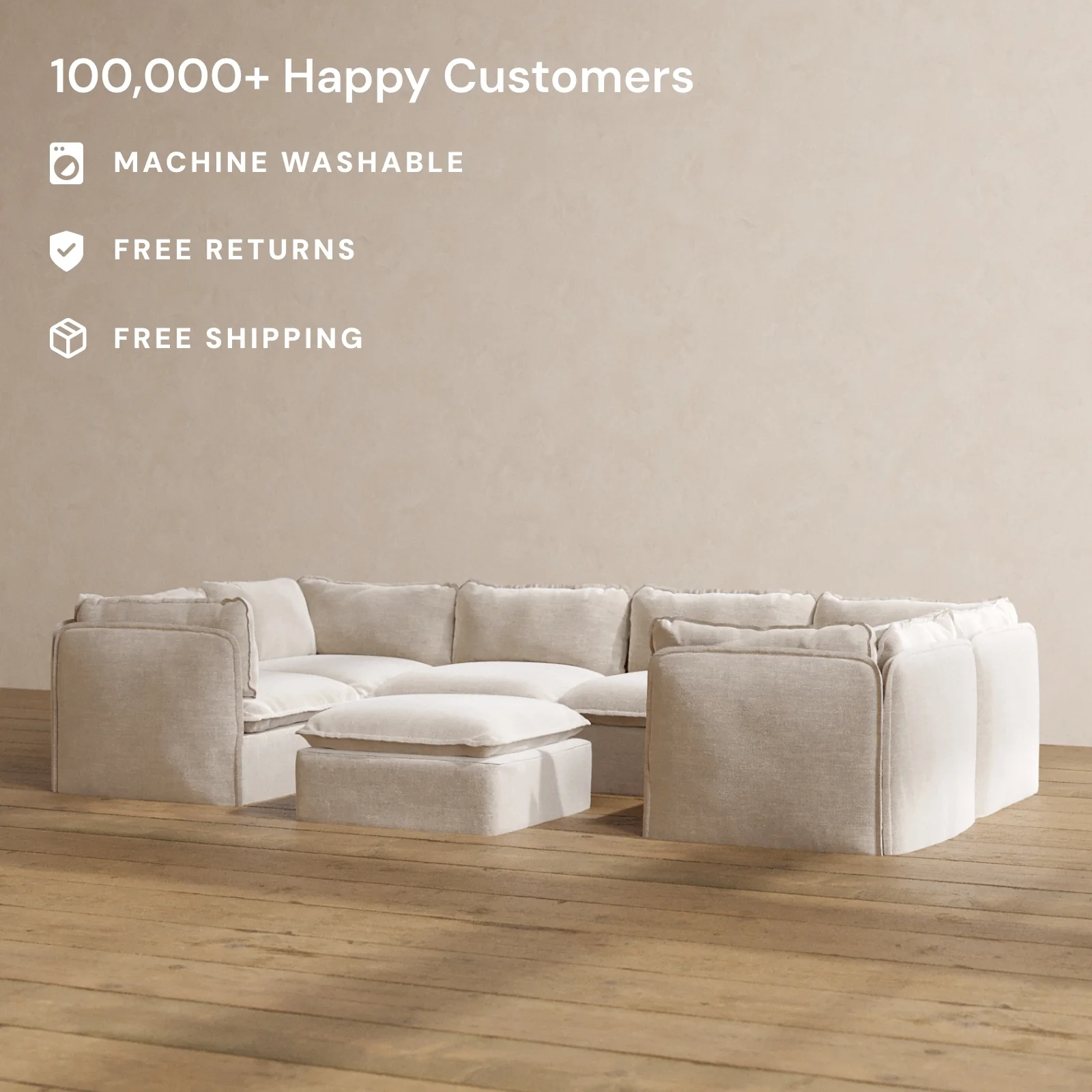 Modular Washable 6-Seater U-Sectional + Ottoman in Mist | Deluxe+ Seat | Cloud Pillow - Image 2