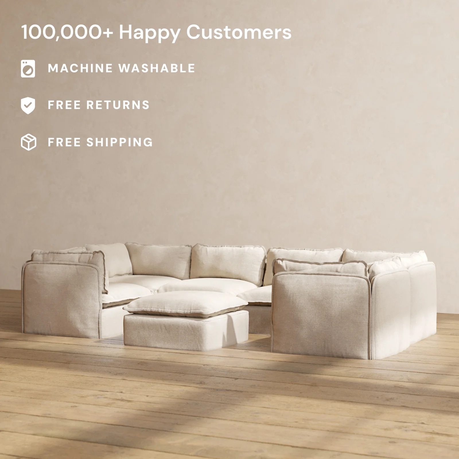 Modular Washable 6-Seater U-Sectional + Ottoman in Oat | Memorix+ Seat | Contour Pillow - Image 2